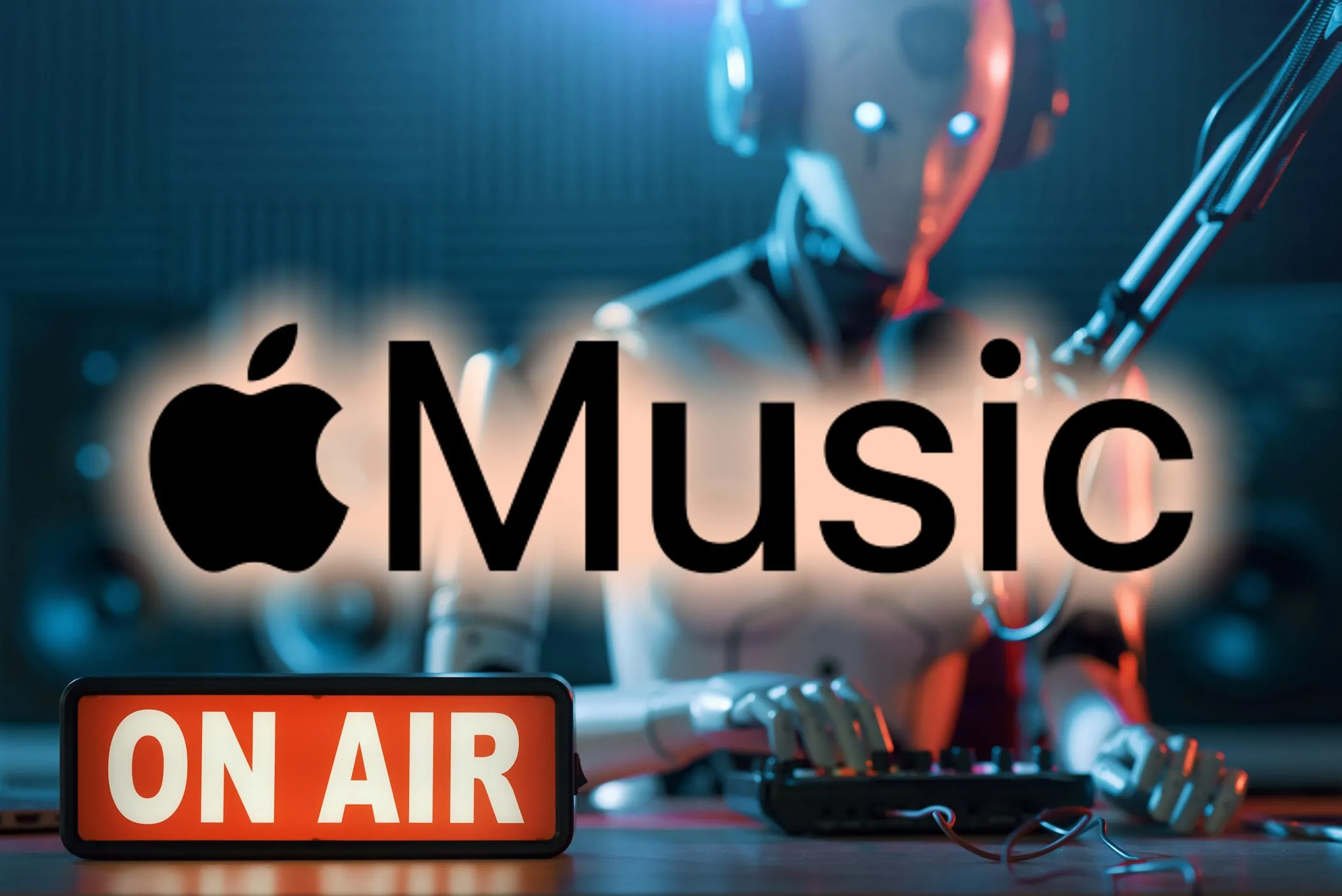 Biểu tượng Apple Music kết hợp hình ảnh robot DJ tượng trưng cho tính năng AutoMix AI chuyển tiếp nhạc liền mạch