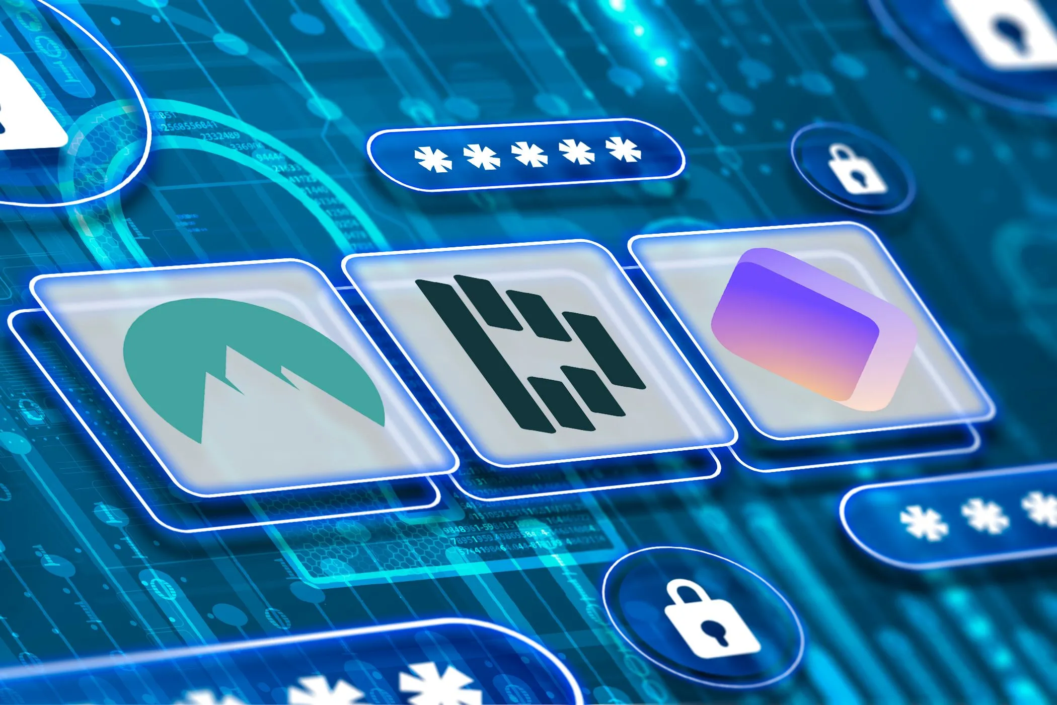 Biểu tượng các trình quản lý mật khẩu NordPass, Dashlane và Proton Pass tượng trưng cho tầm quan trọng của việc bảo mật dữ liệu.