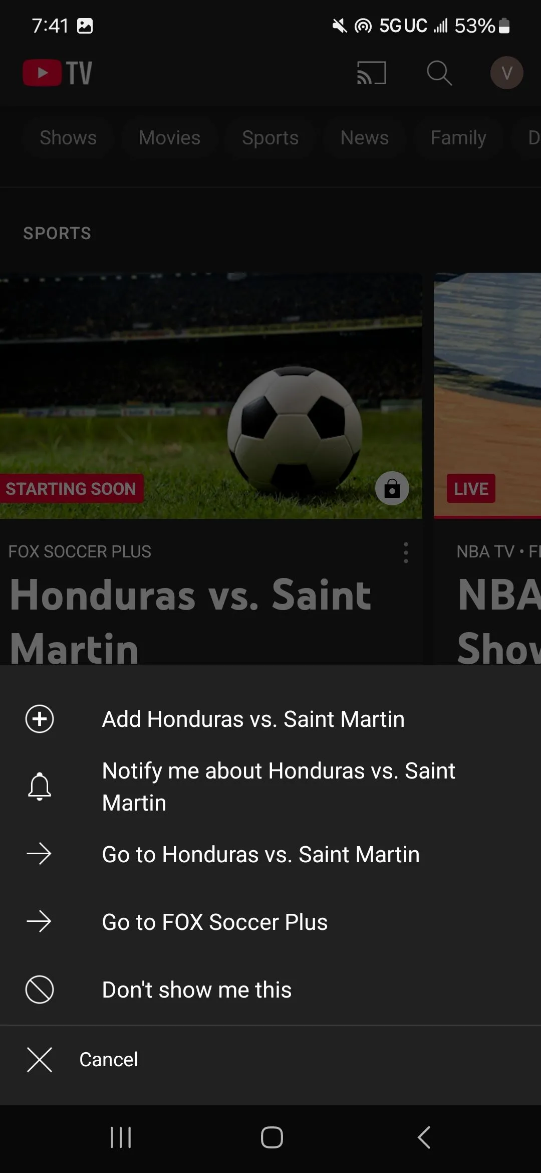 Biểu tượng chuông trên ứng dụng YouTube TV cho phép người dùng nhận thông báo khi chương trình trực tiếp bắt đầu.