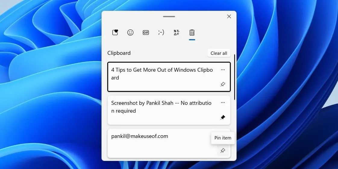 Biểu tượng ghim (pin) để lưu vĩnh viễn mục trong lịch sử Clipboard Windows 11.