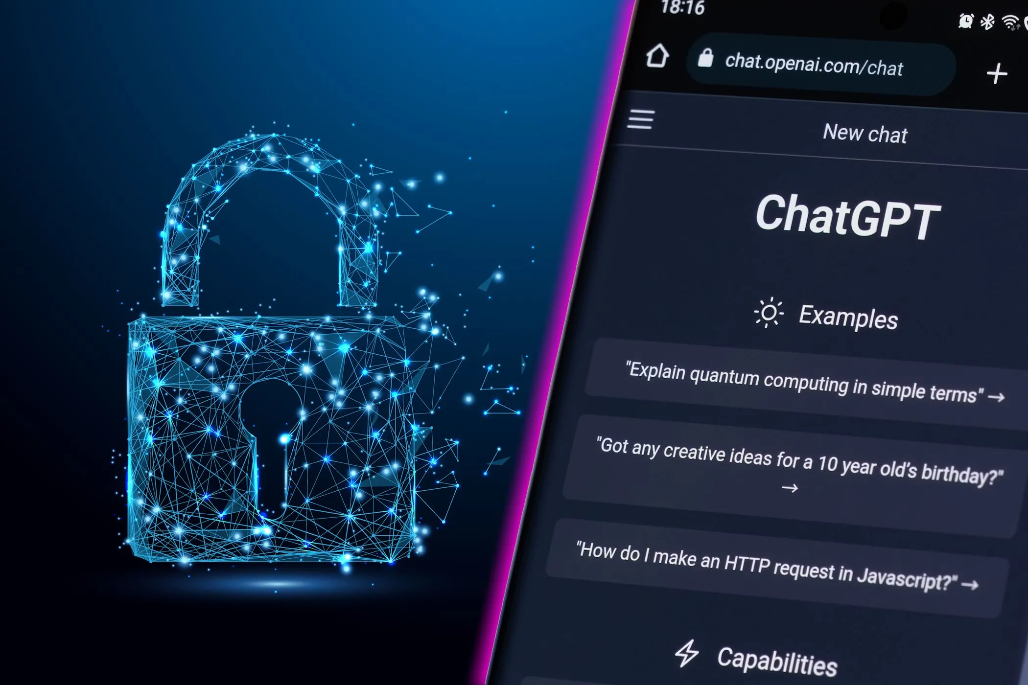 Biểu tượng khóa bảo mật trên màn hình ứng dụng chatbot AI, thể hiện sự riêng tư dữ liệu