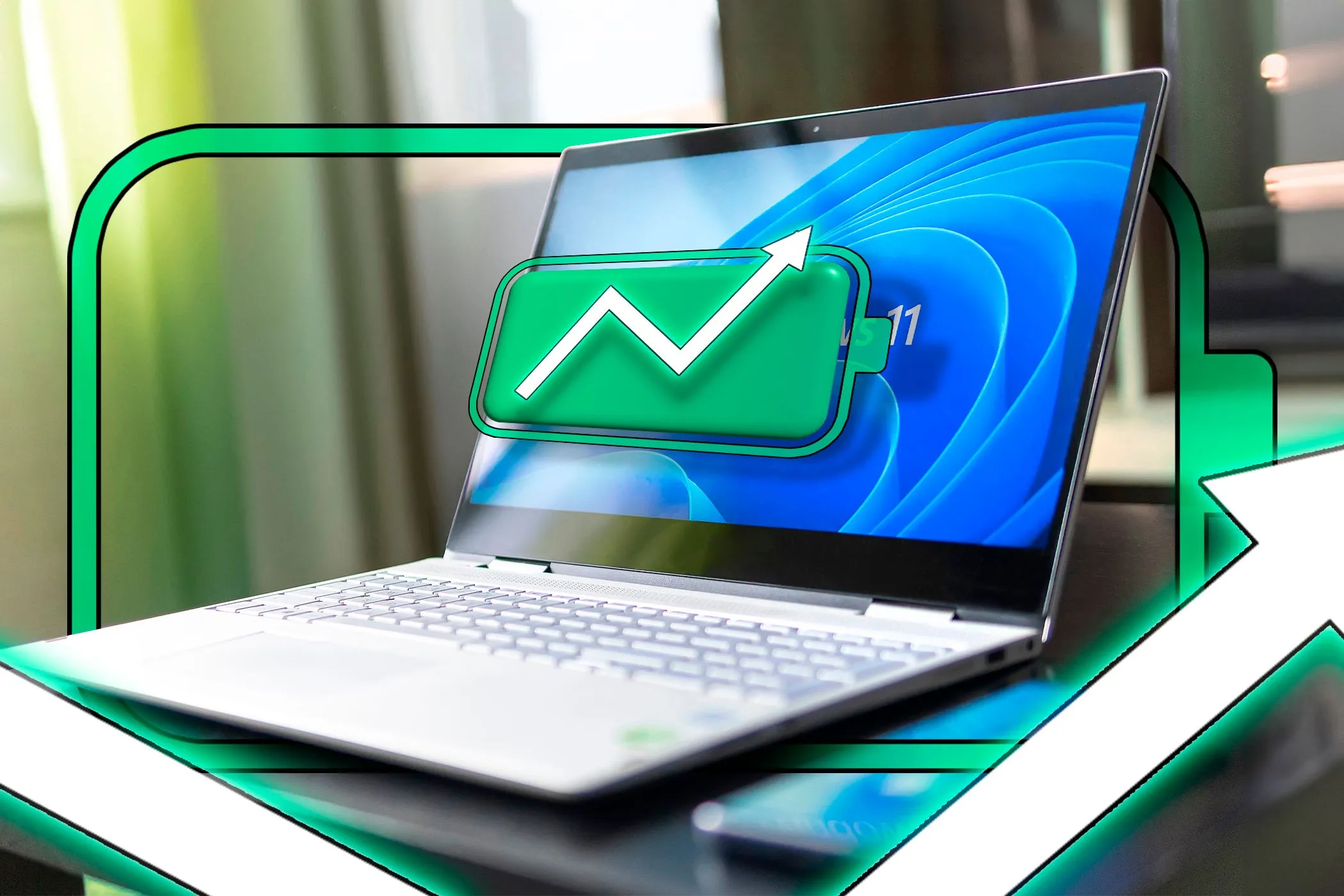 Biểu tượng pin đầy trên laptop chạy Windows 11, tượng trưng cho mong muốn kéo dài thời lượng sử dụng thiết bị.