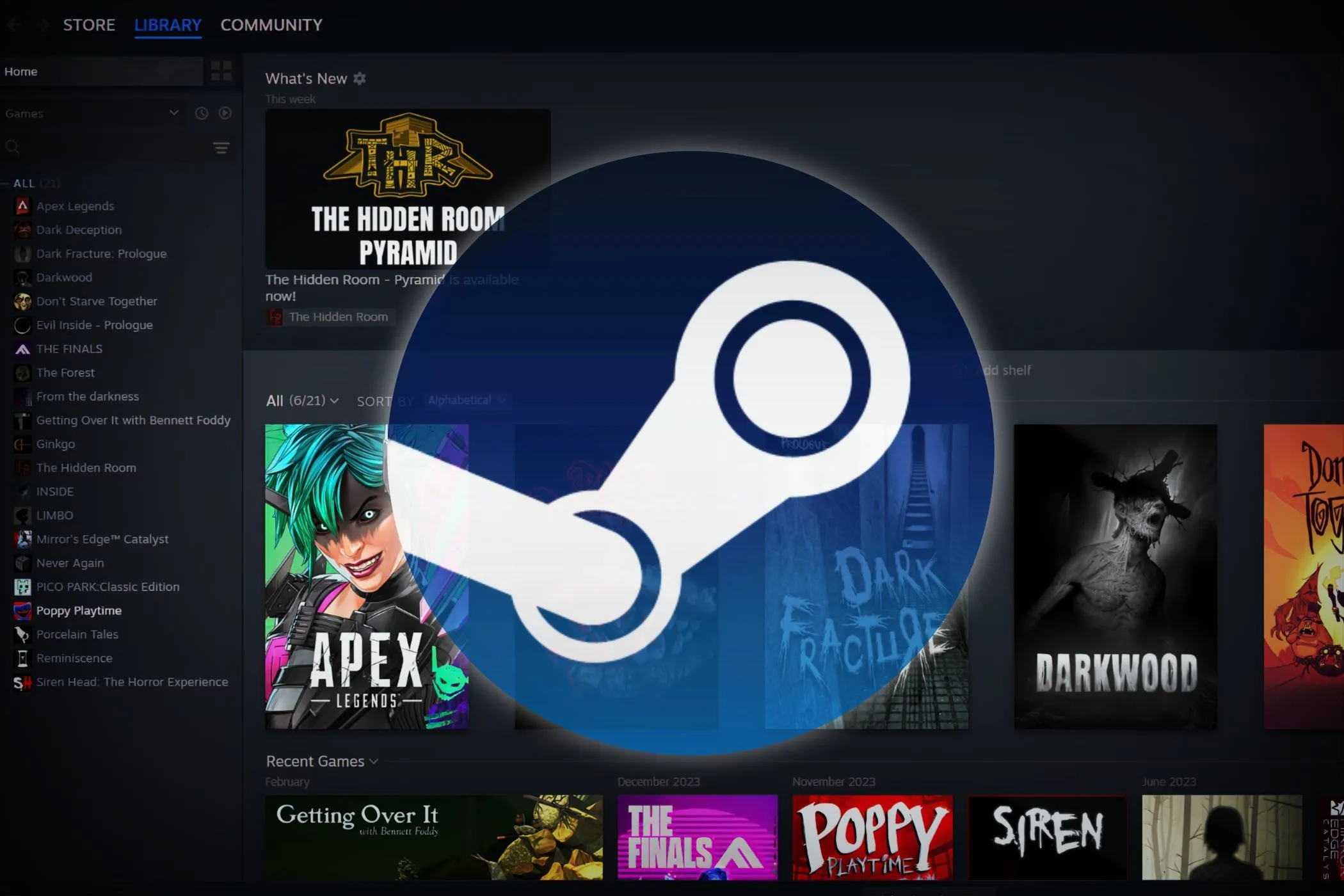 Biểu tượng Steam và màn hình thư viện trò chơi, hiển thị bộ sưu tập đa dạng các tựa game có sẵn trên nền tảng