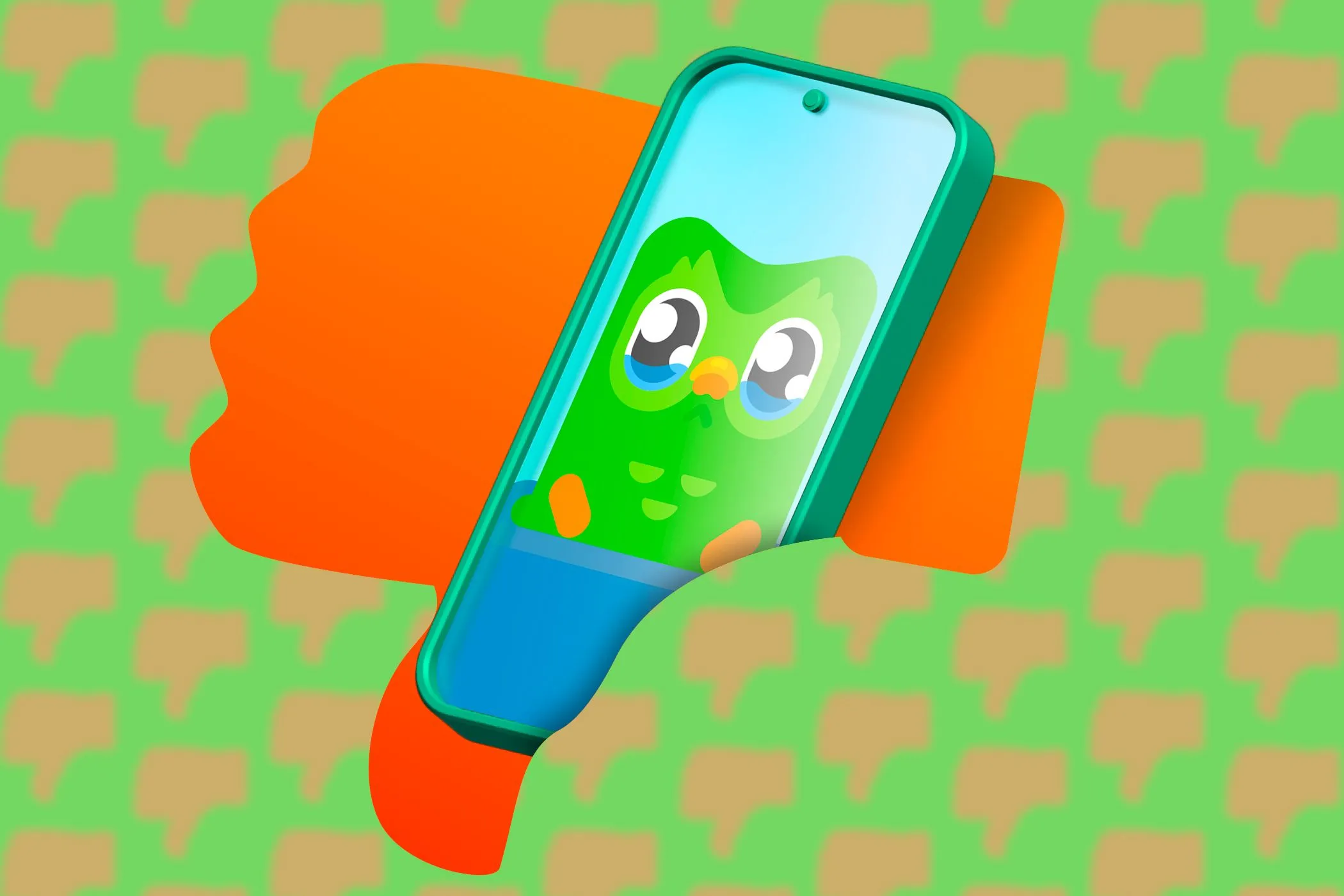 Biểu tượng ứng dụng Duolingo xuất hiện từ ngón tay cái úp xuống trên màn hình điện thoại, thể hiện sự không hài lòng về quyền riêng tư