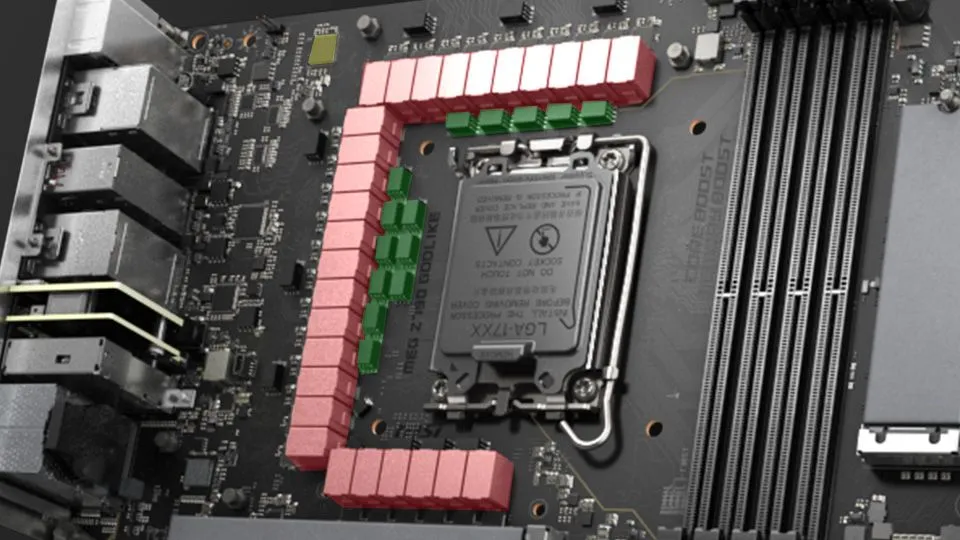 Bo mạch chủ MSI MEG Z790 với các mô-đun VRM được đánh dấu màu đỏ kèm tản nhiệt