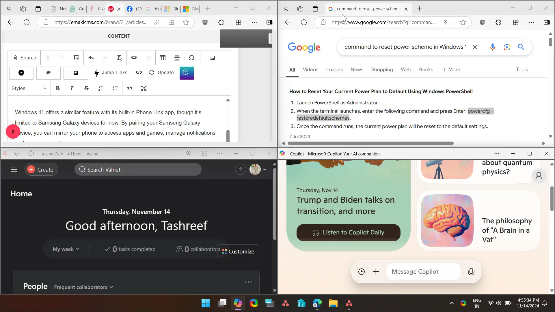 Bốn cửa sổ ứng dụng được sắp xếp gọn gàng trên Windows 11 bằng tính năng Snap Layouts
