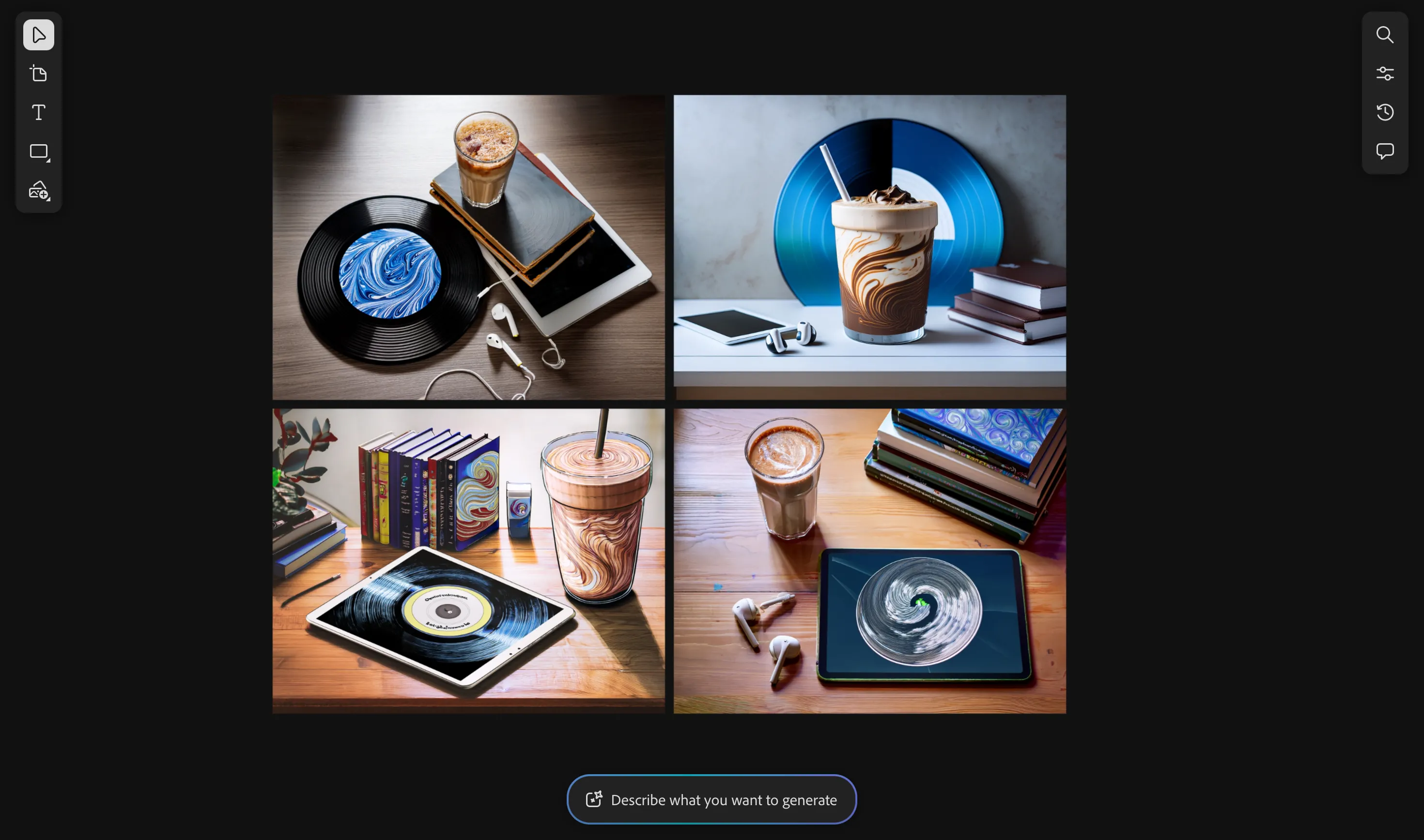 Bốn phiên bản hình ảnh được tạo ra sau khi sử dụng tính năng Remix của Adobe Firefly Boards, kết hợp các yếu tố từ ảnh gốc.