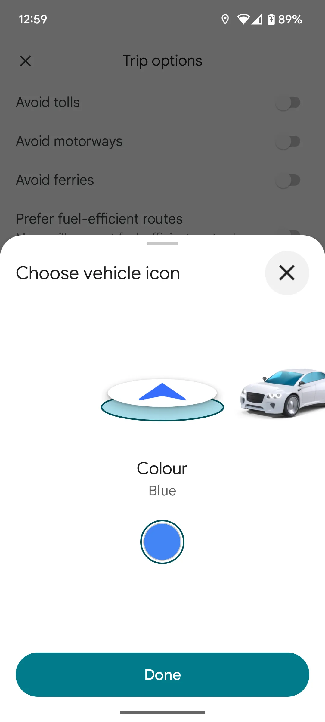Các biểu tượng xe và màu sắc mặc định trong Google Maps