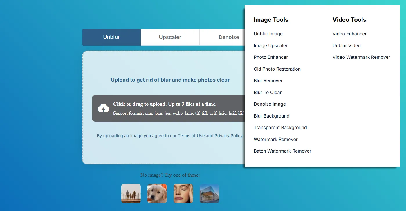 Các công cụ tăng cường ảnh khác của UnblurImage AI: Upscaler, Denoise, Old Photo Restoration
