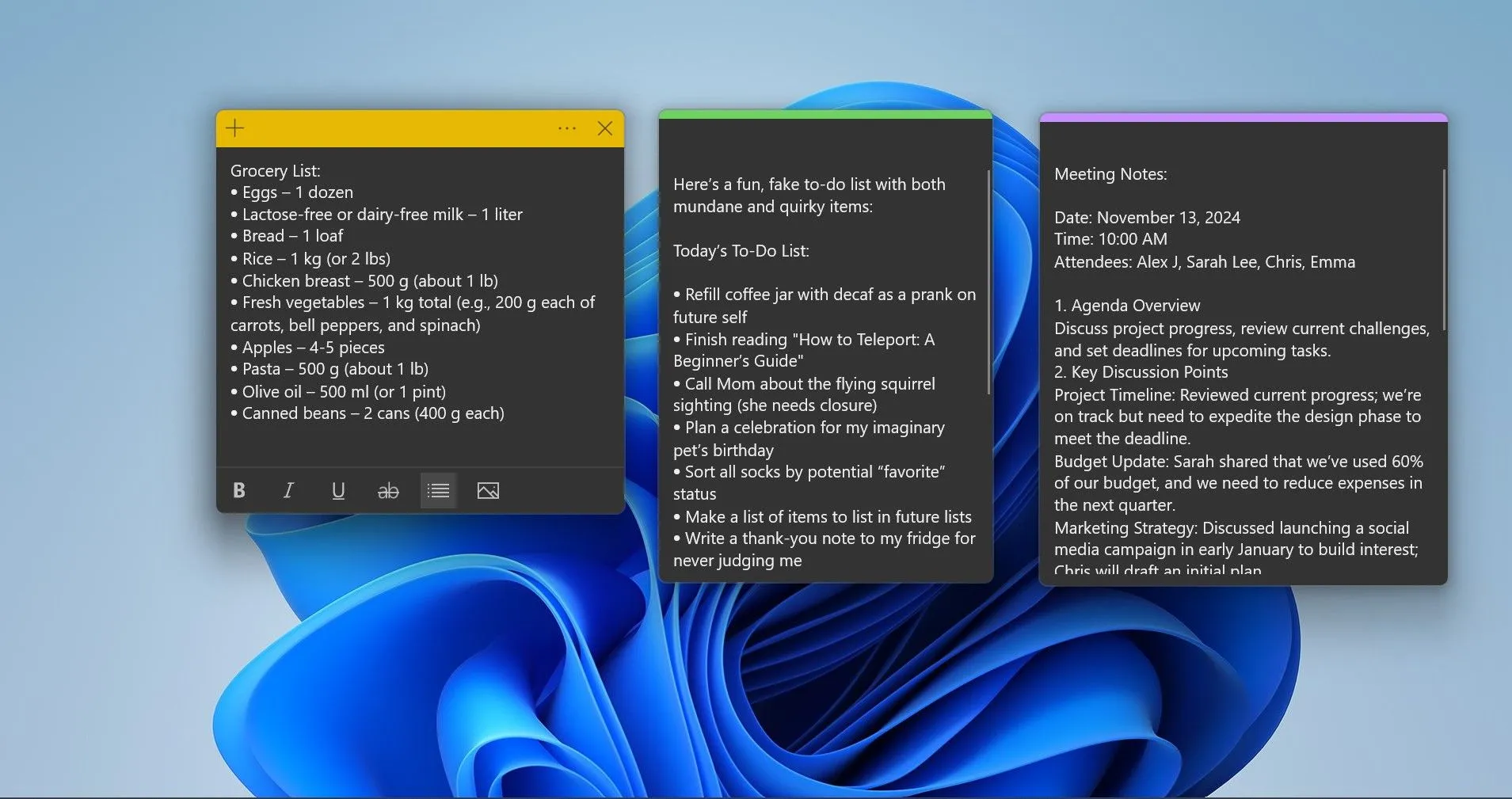 Các ghi chú Sticky Notes trên màn hình desktop Windows, hỗ trợ người dùng ghi lại nhanh các ý tưởng, lời nhắc và danh sách việc cần làm.