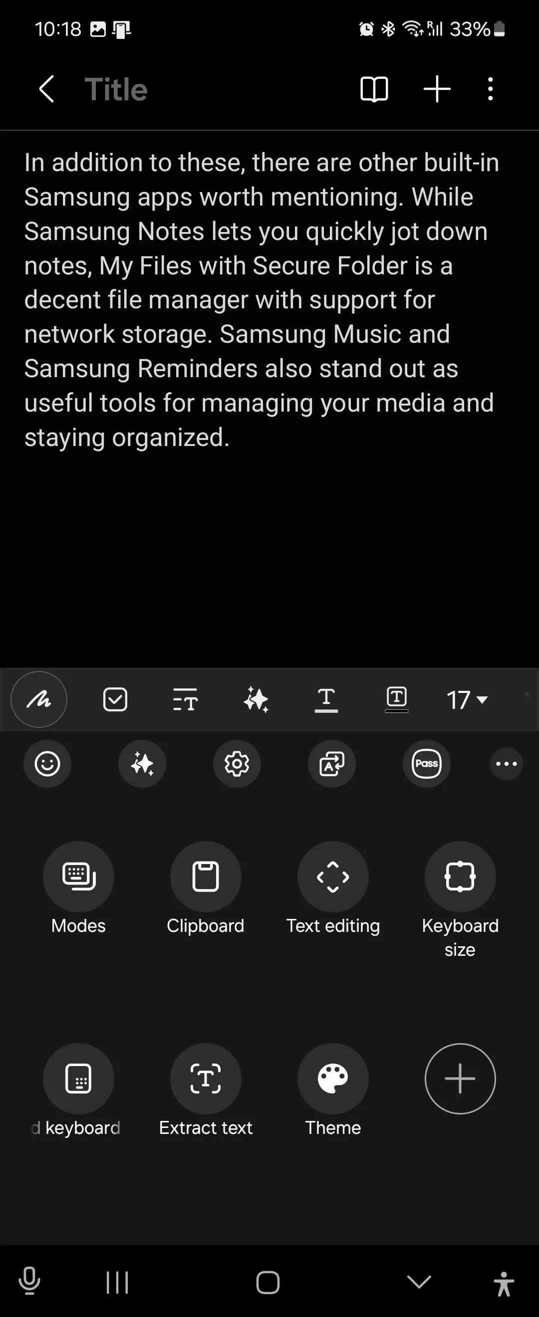 Các phím tắt tiện ích trên bàn phím Samsung hiển thị trong Samsung Notes, bao gồm dịch và trích xuất văn bản