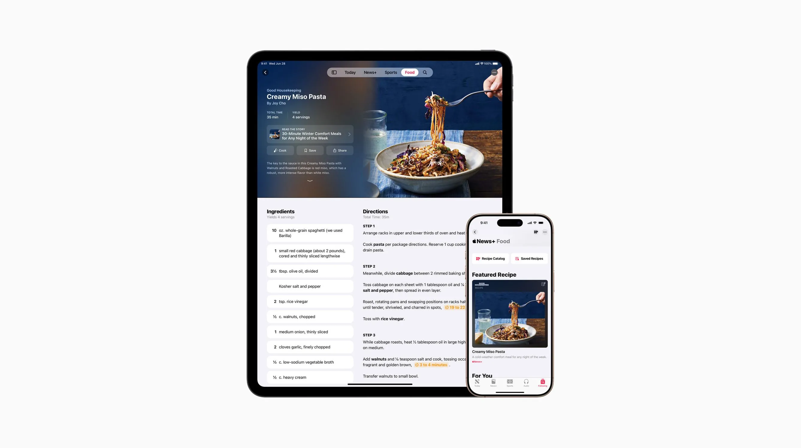 Các thiết bị Apple như iPhone và iPad hiển thị giao diện dịch vụ Apple News+ Food mới, với các công thức nấu ăn và tin tức ẩm thực.