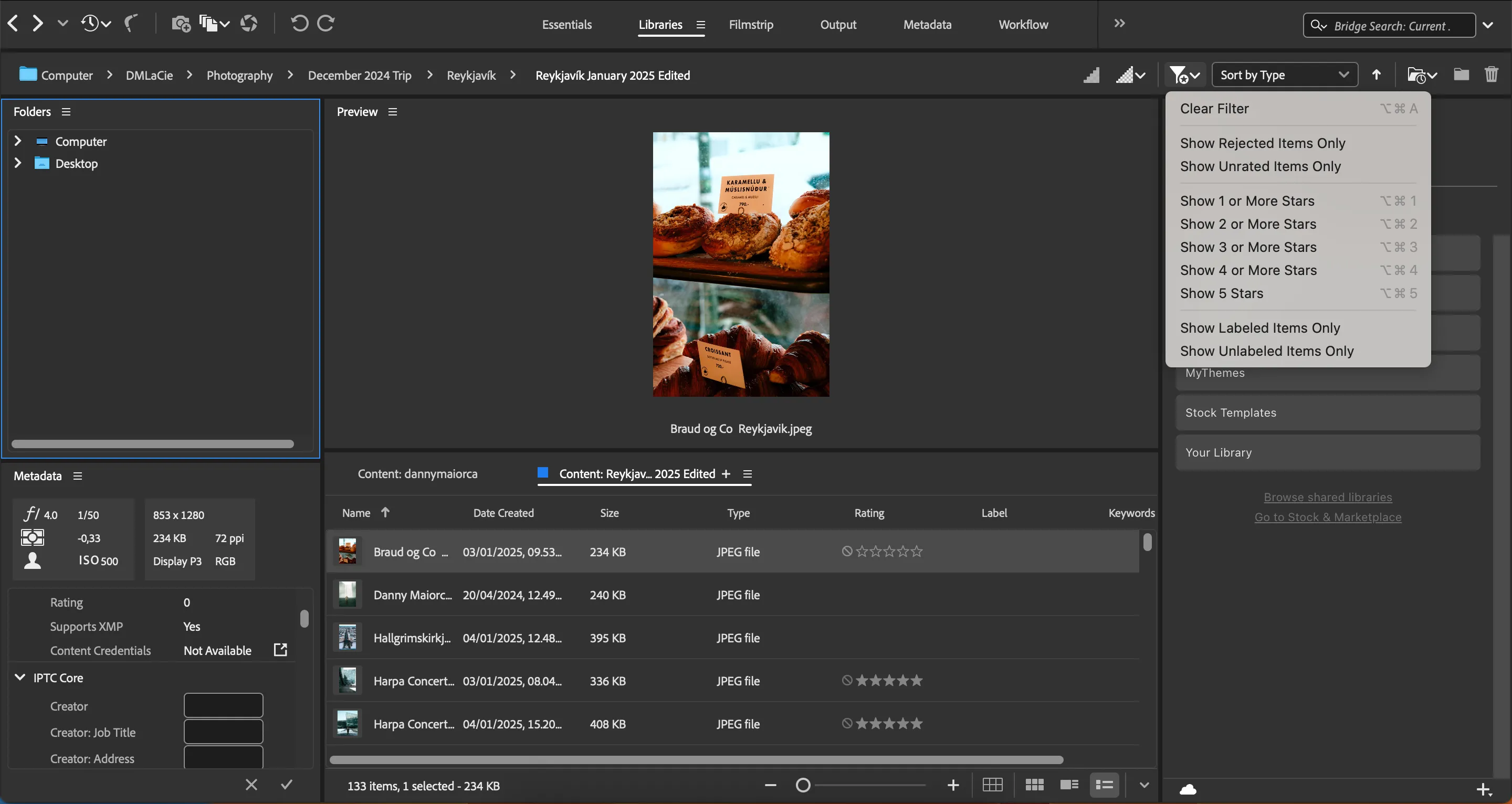 Các tùy chọn bộ lọc mạnh mẽ trong Adobe Bridge để sắp xếp ảnh theo từ khóa, ngày tạo và xếp hạng sao