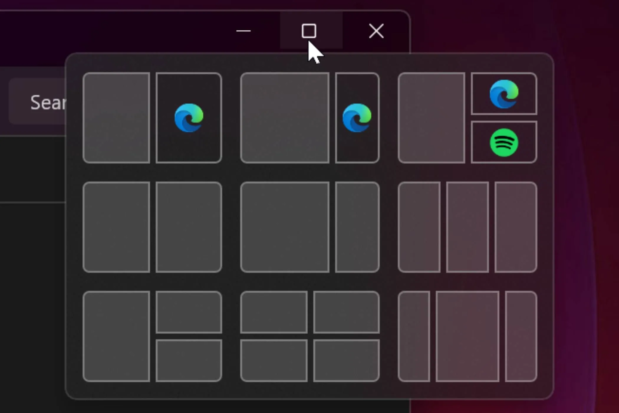 Các tùy chọn chia màn hình Snap Layouts đa dạng của Windows 11, cho phép sắp xếp nhiều ứng dụng hiệu quả