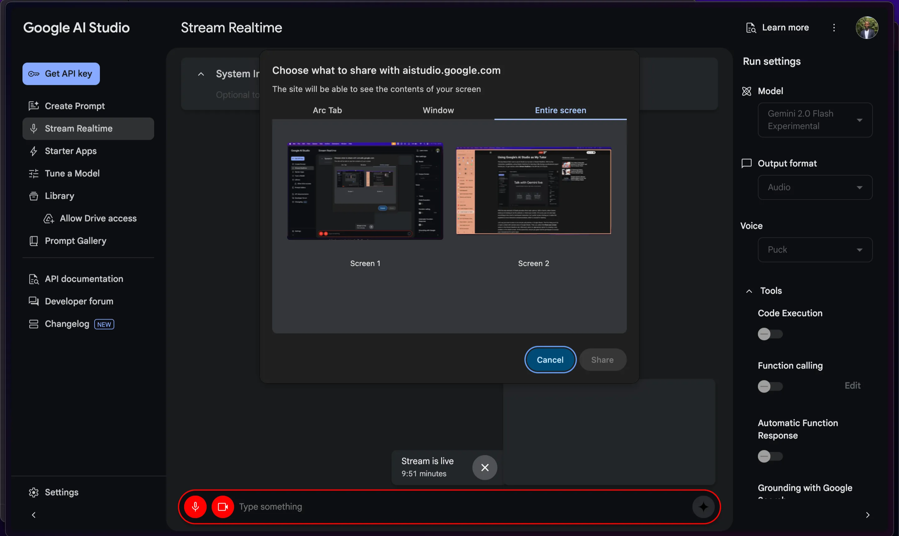 Các tùy chọn chia sẻ màn hình trong tính năng Stream Realtime của Google AI Studio, bao gồm chia sẻ tab, cửa sổ hoặc toàn bộ màn hình