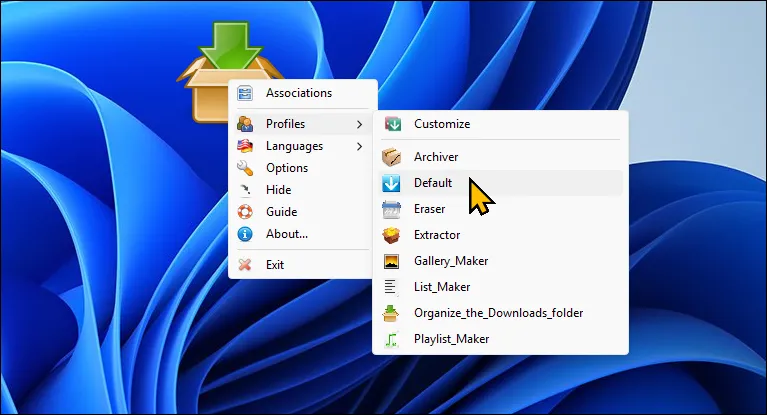 Các tùy chọn của DropIt trên màn hình nền Windows 11 giúp tự động sắp xếp tập tin