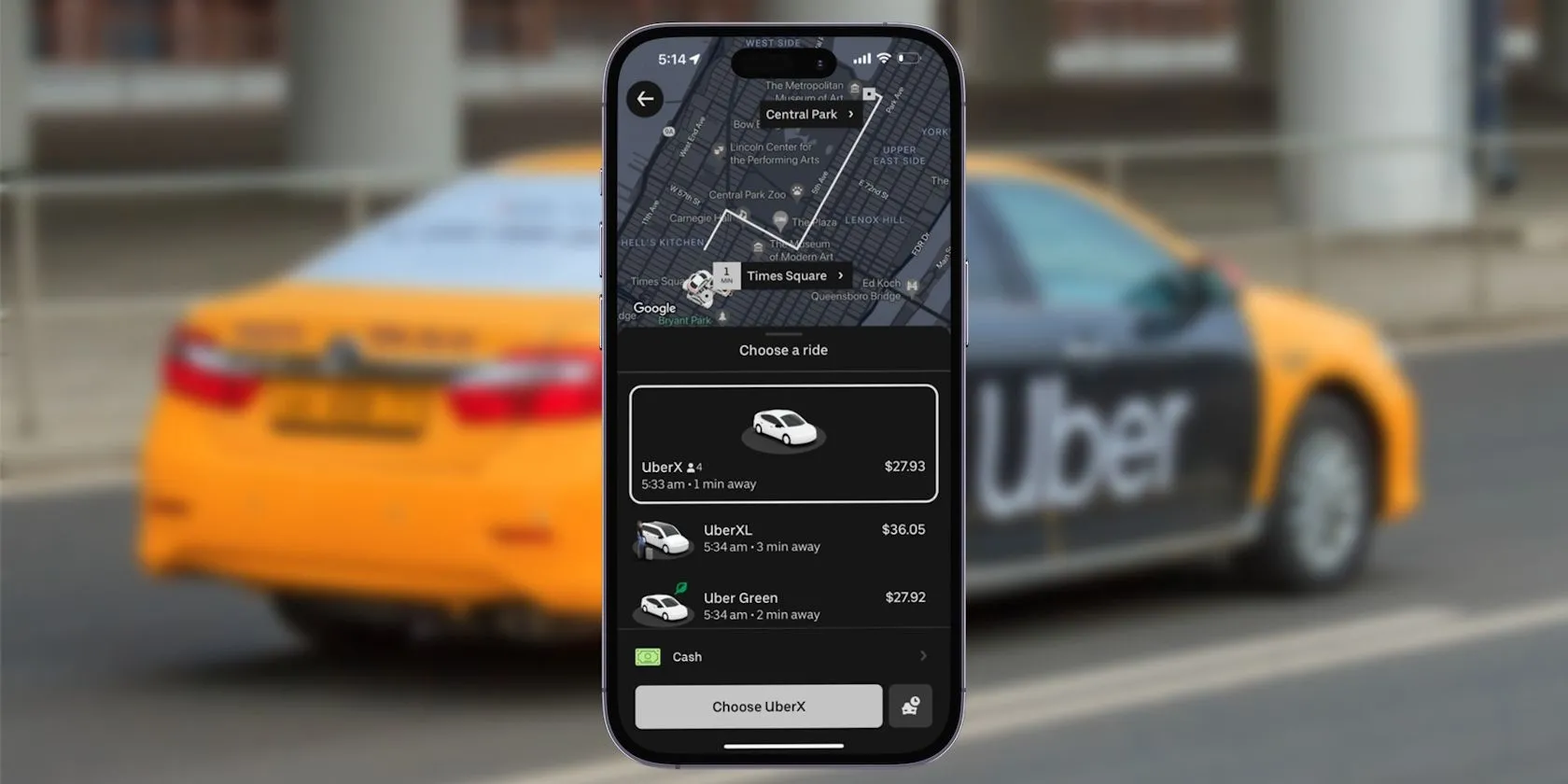 Các tùy chọn loại hình dịch vụ di chuyển của Uber hiển thị trên màn hình iPhone