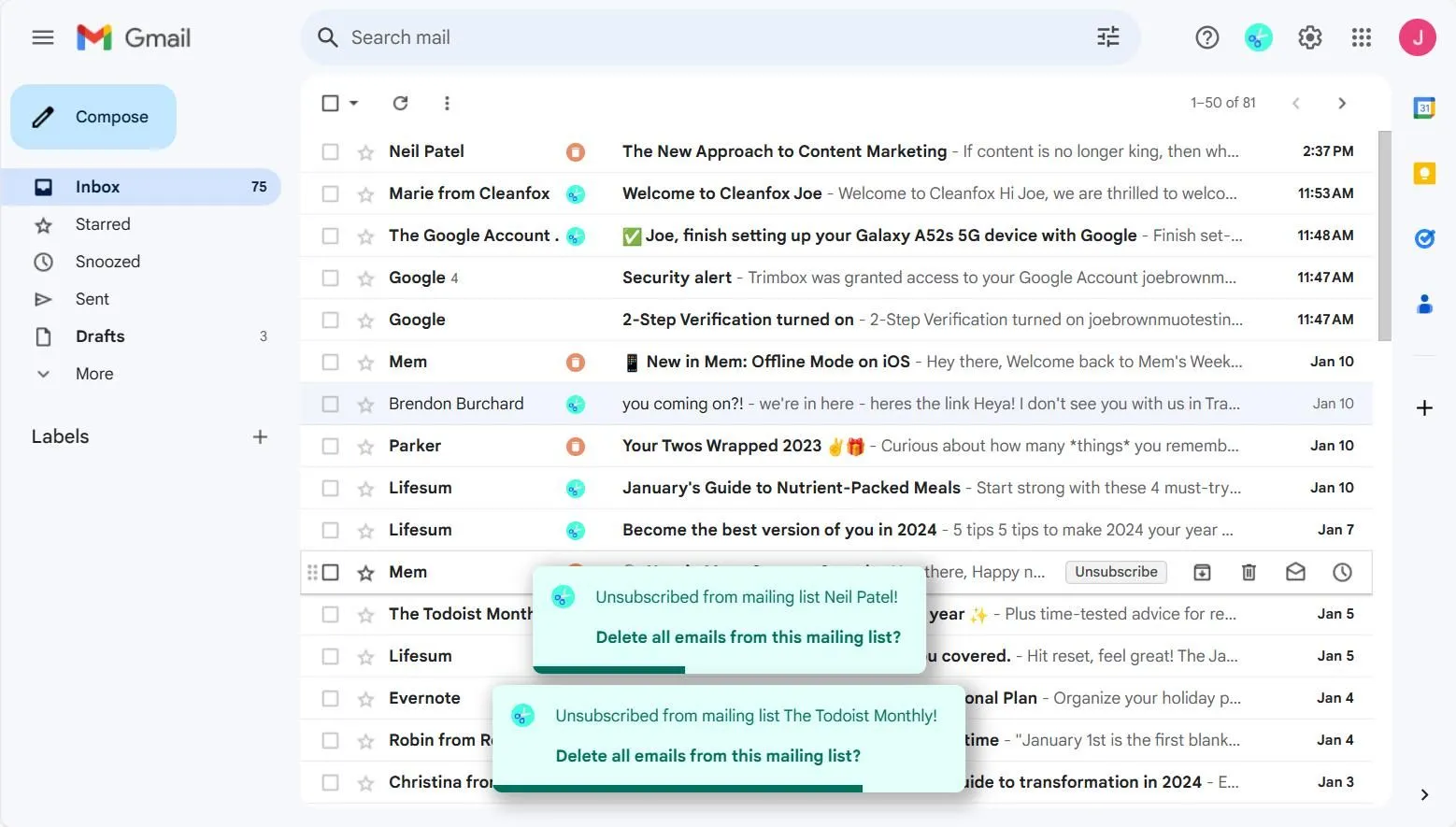 Các tùy chọn Unsubscribe và Delete trong hộp thư đến của Gmail, không có quảng cáo