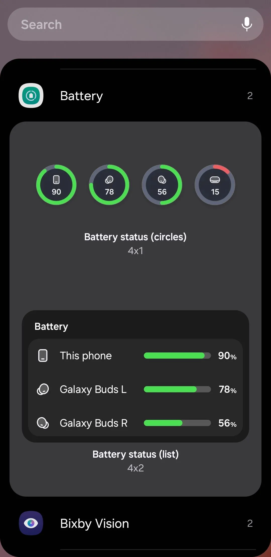Các tùy chọn widget pin trên điện thoại Samsung