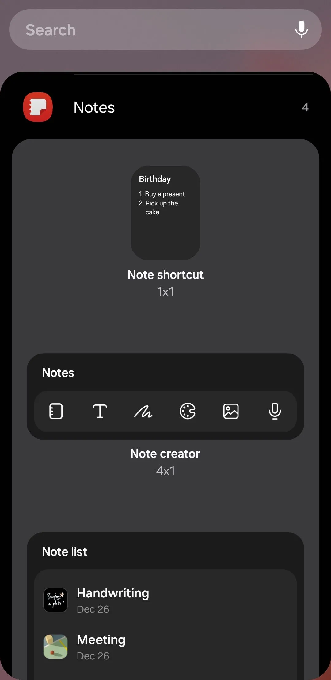 Các tùy chọn widget Samsung Notes trên điện thoại Galaxy