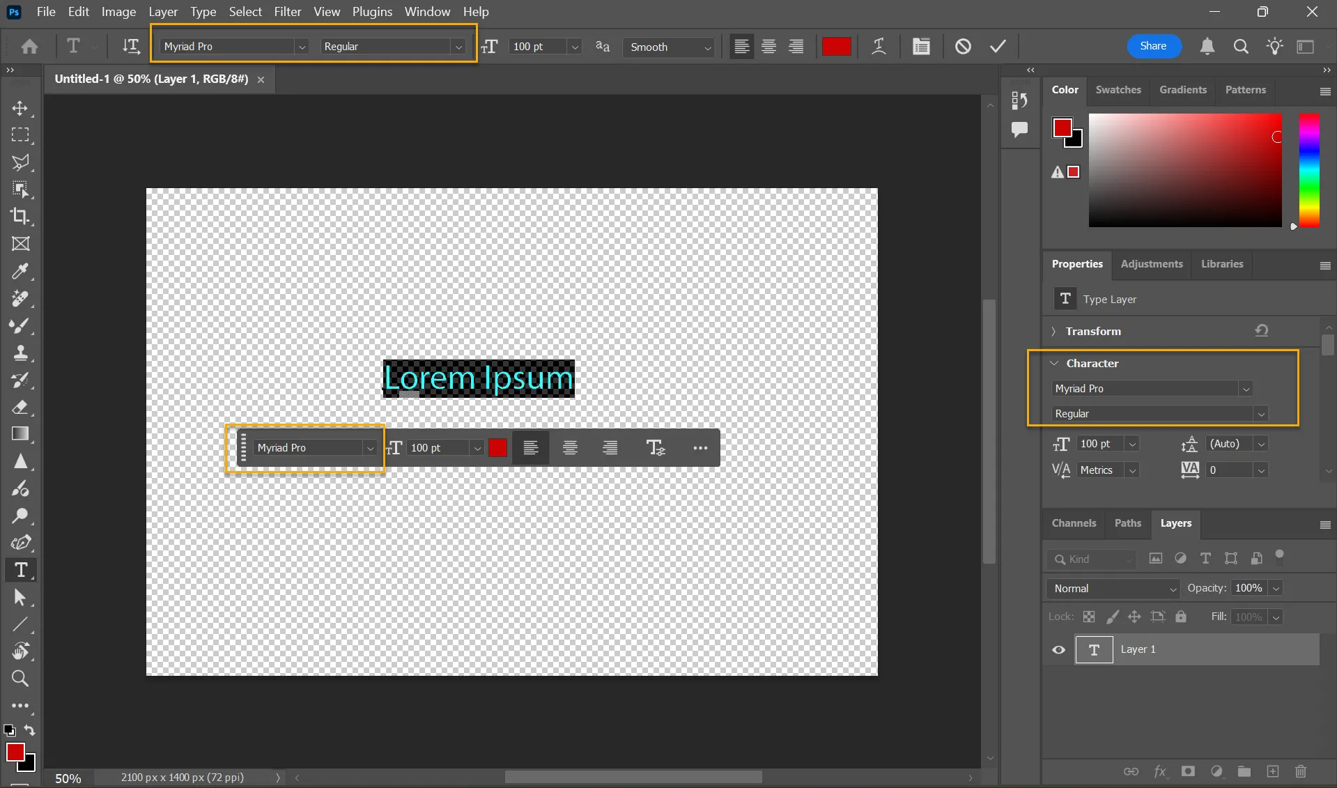 Các vị trí truy cập Trình duyệt Font Photoshop trên thanh tùy chọn và bảng điều khiển