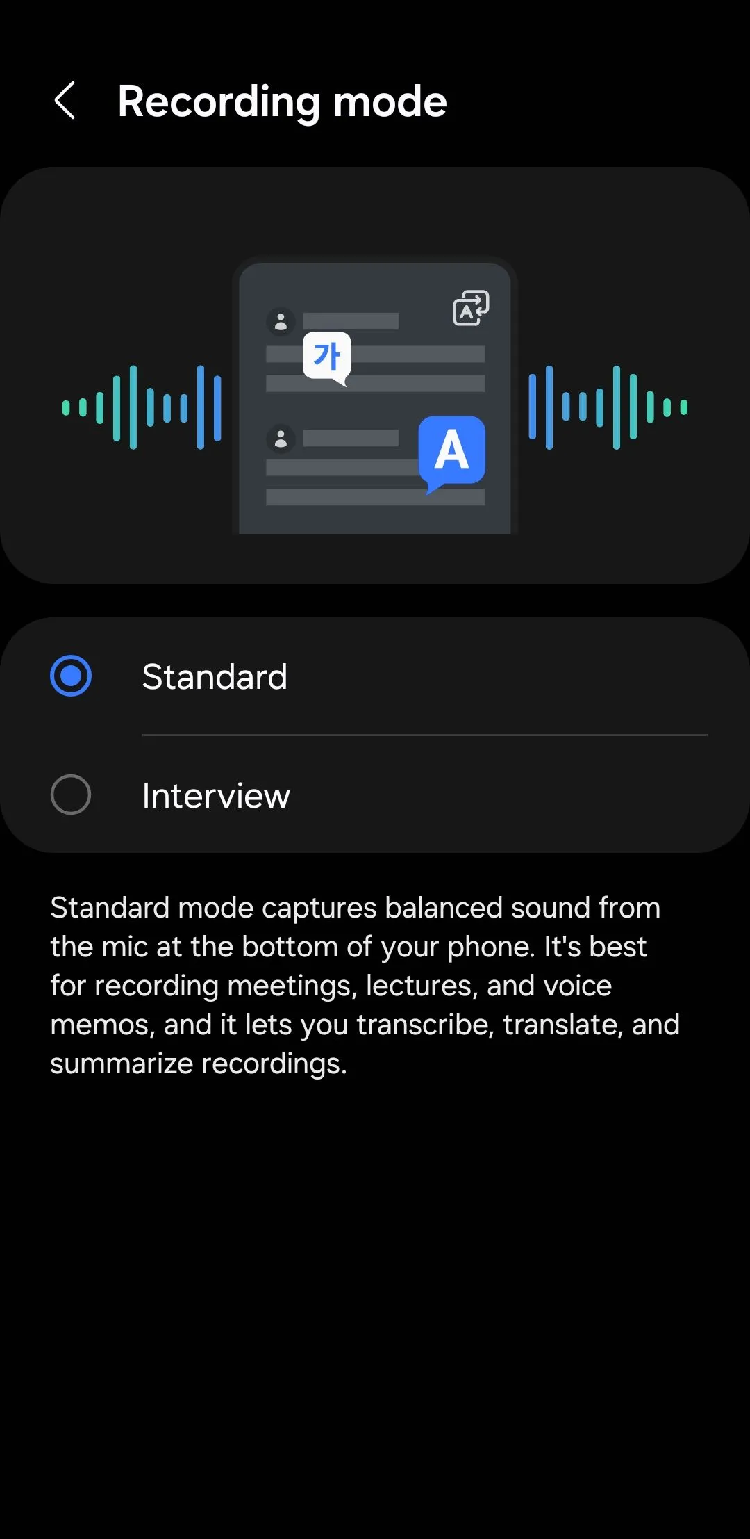 Cài đặt chế độ và chất lượng ghi âm (bitrate, Standard, Interview) trên ứng dụng Ghi âm giọng nói của Samsung