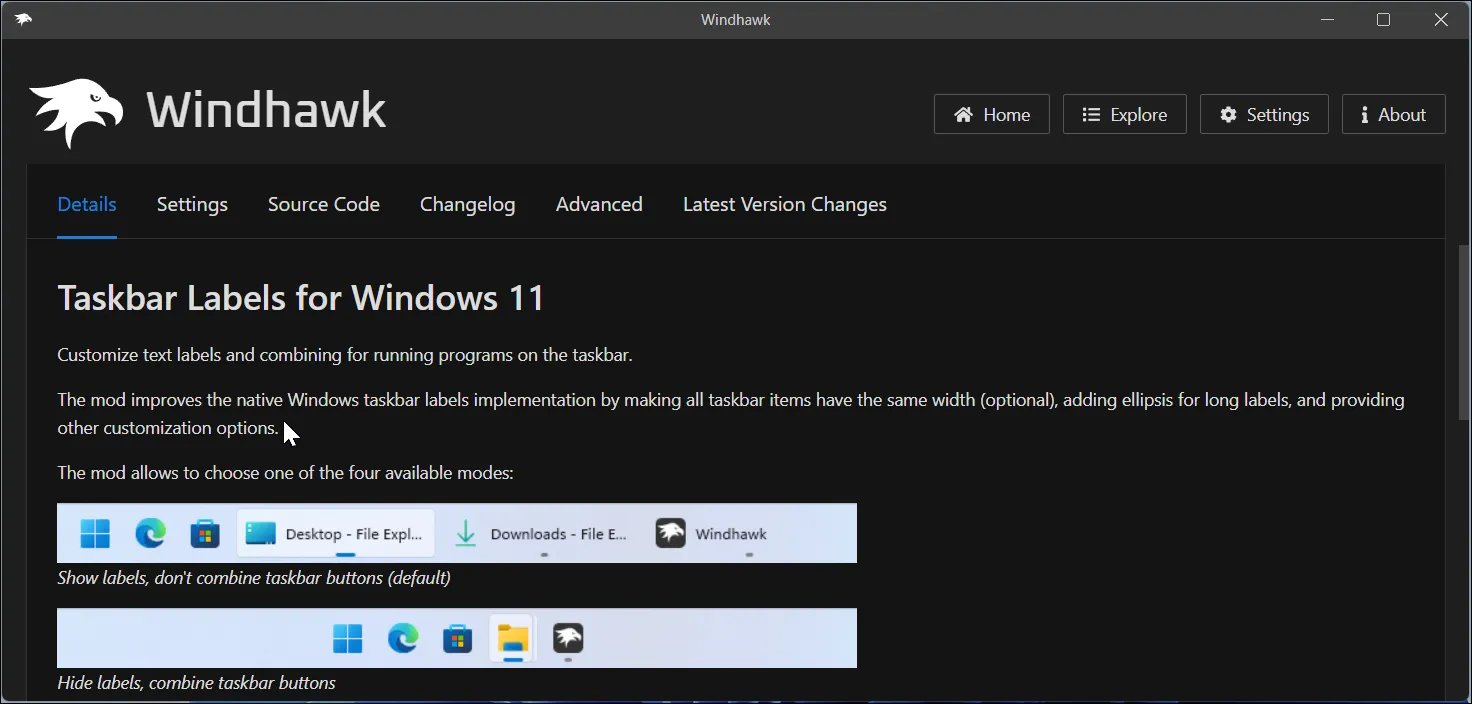Cài đặt chi tiết của mod Taskbar Labels cho Windows 11 trong ứng dụng Windhawk