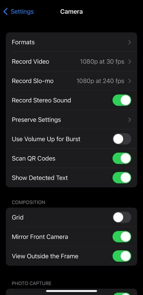 Cài đặt Định dạng (Formats) trong phần Camera của ứng dụng Cài đặt iPhone
