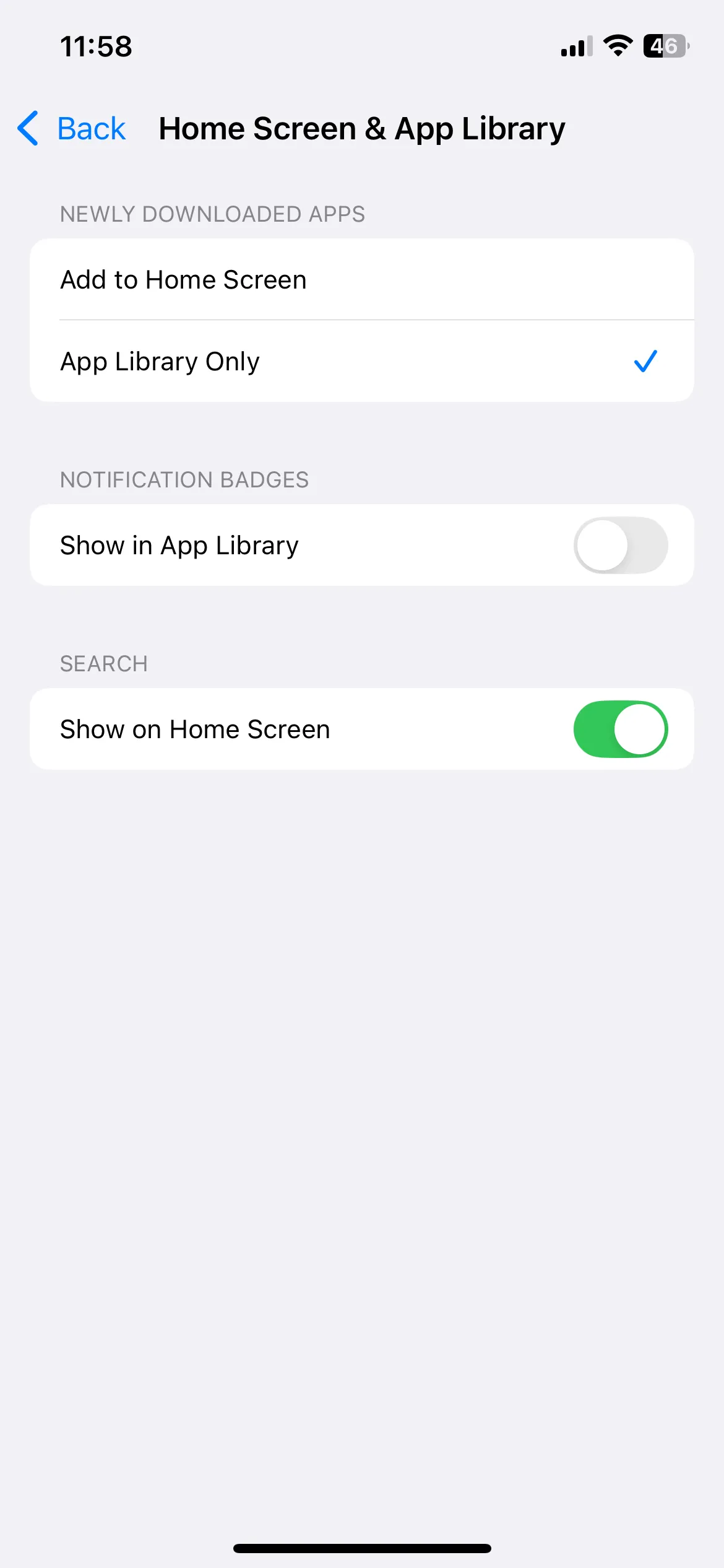 Cài đặt màn hình chính iPhone, với tùy chọn &quot;Chỉ Thư viện ứng dụng&quot; được chọn cho ứng dụng mới tải