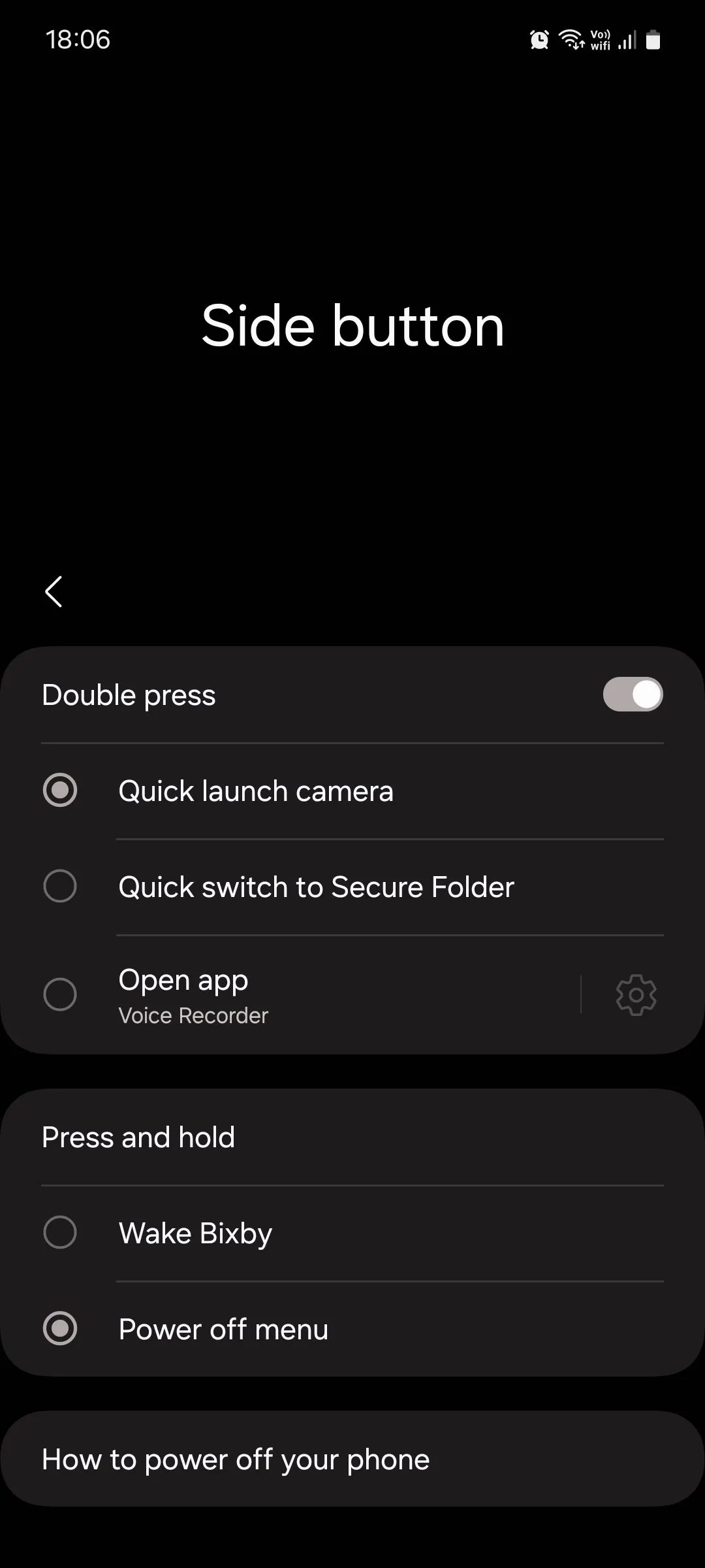 Cài đặt nút cạnh (Side button) trên Samsung One UI, cho phép thay đổi chức năng nhấn giữ thành Menu tắt nguồn