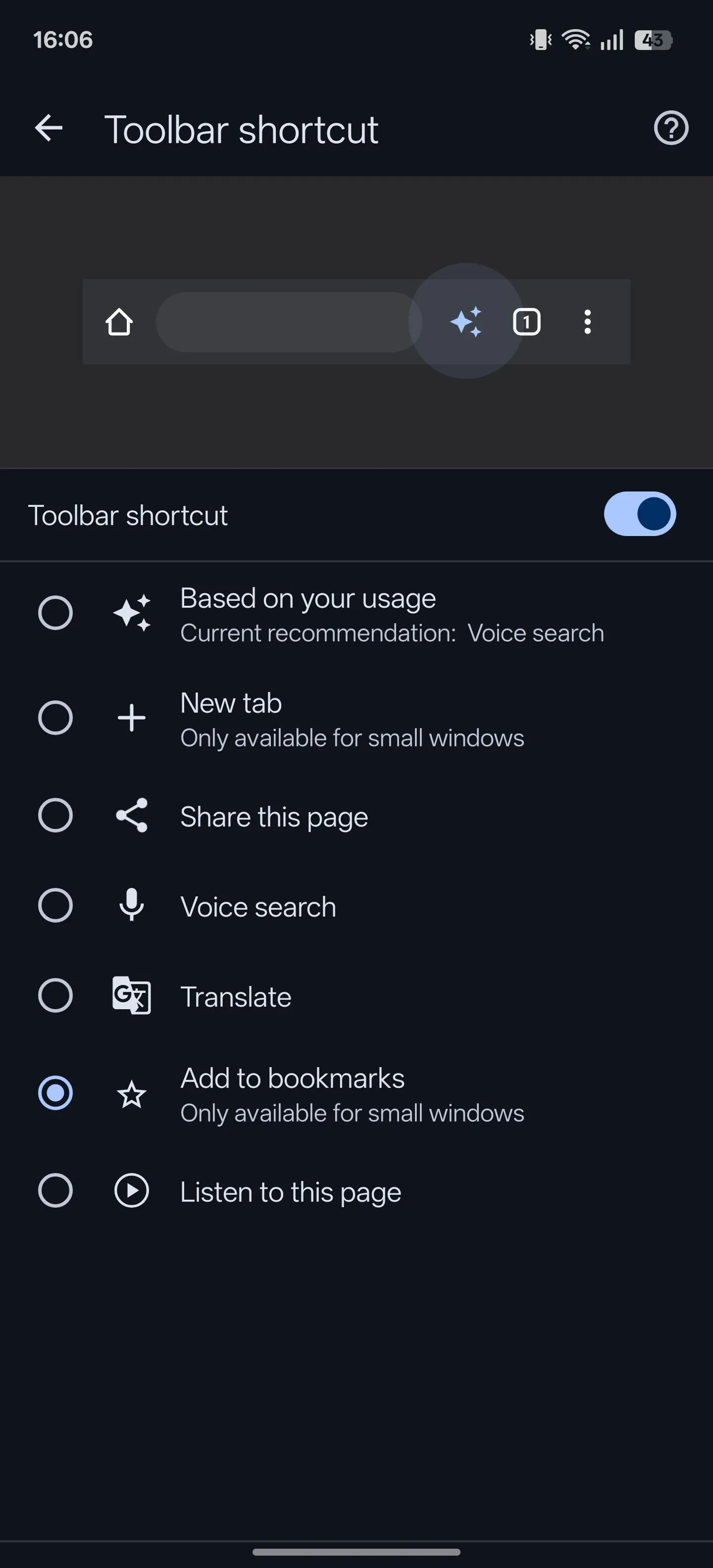 Cài đặt phím tắt thanh công cụ (Toolbar shortcut) đã được bật trong Chrome Android, hiển thị tùy chọn 'Thêm vào dấu trang'.