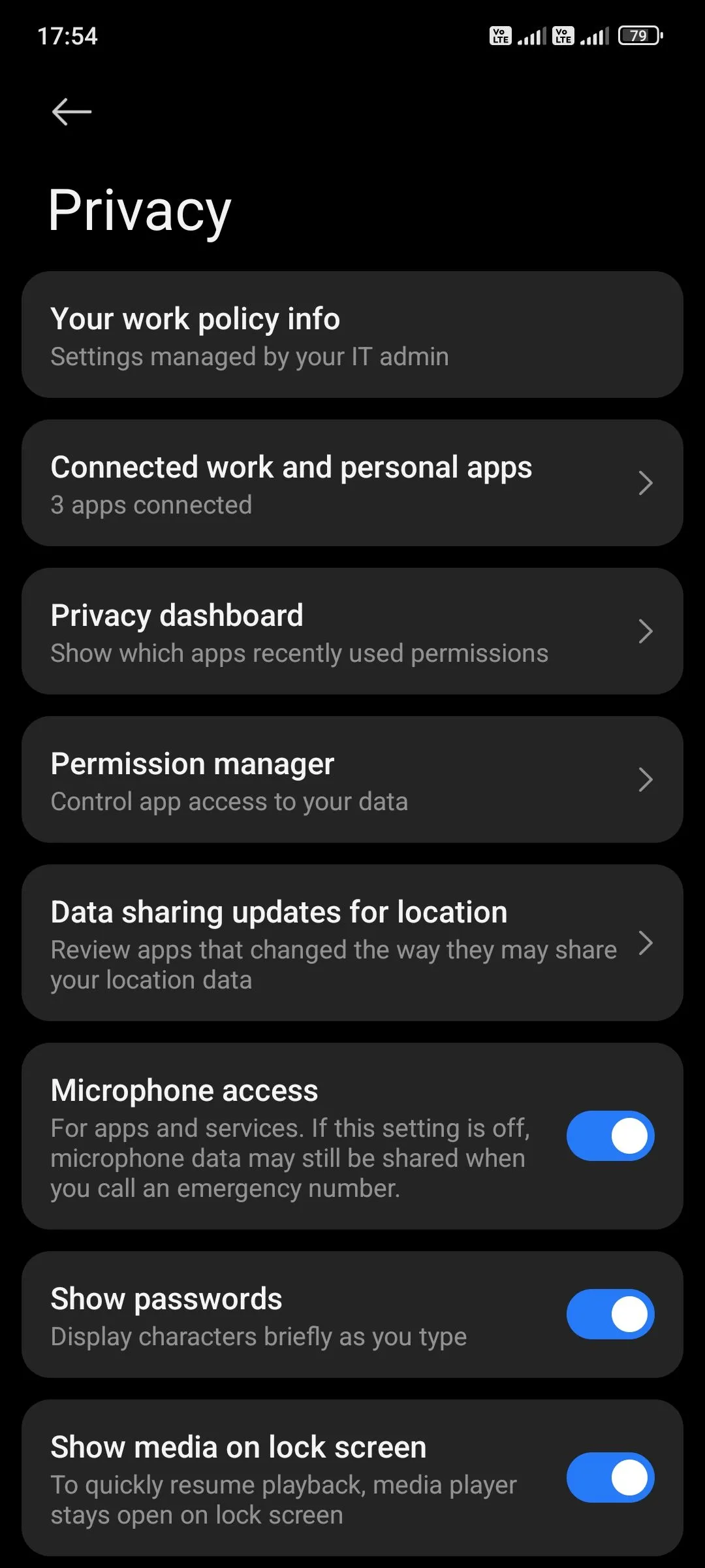 Cài đặt quyền riêng tư trong Android hiển thị trình quản lý quyền