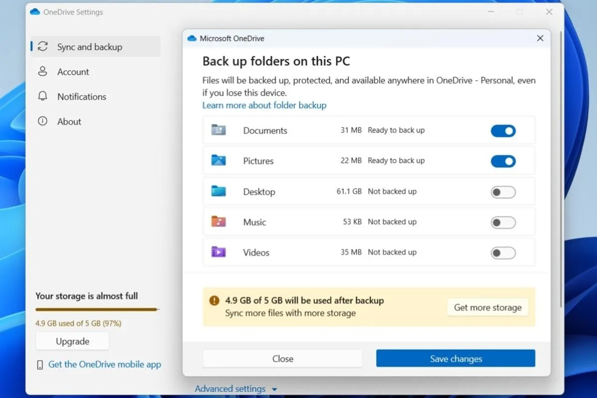 Cài đặt sao lưu OneDrive trên Windows, cho phép người dùng lựa chọn thư mục để đồng bộ và bảo vệ dữ liệu.