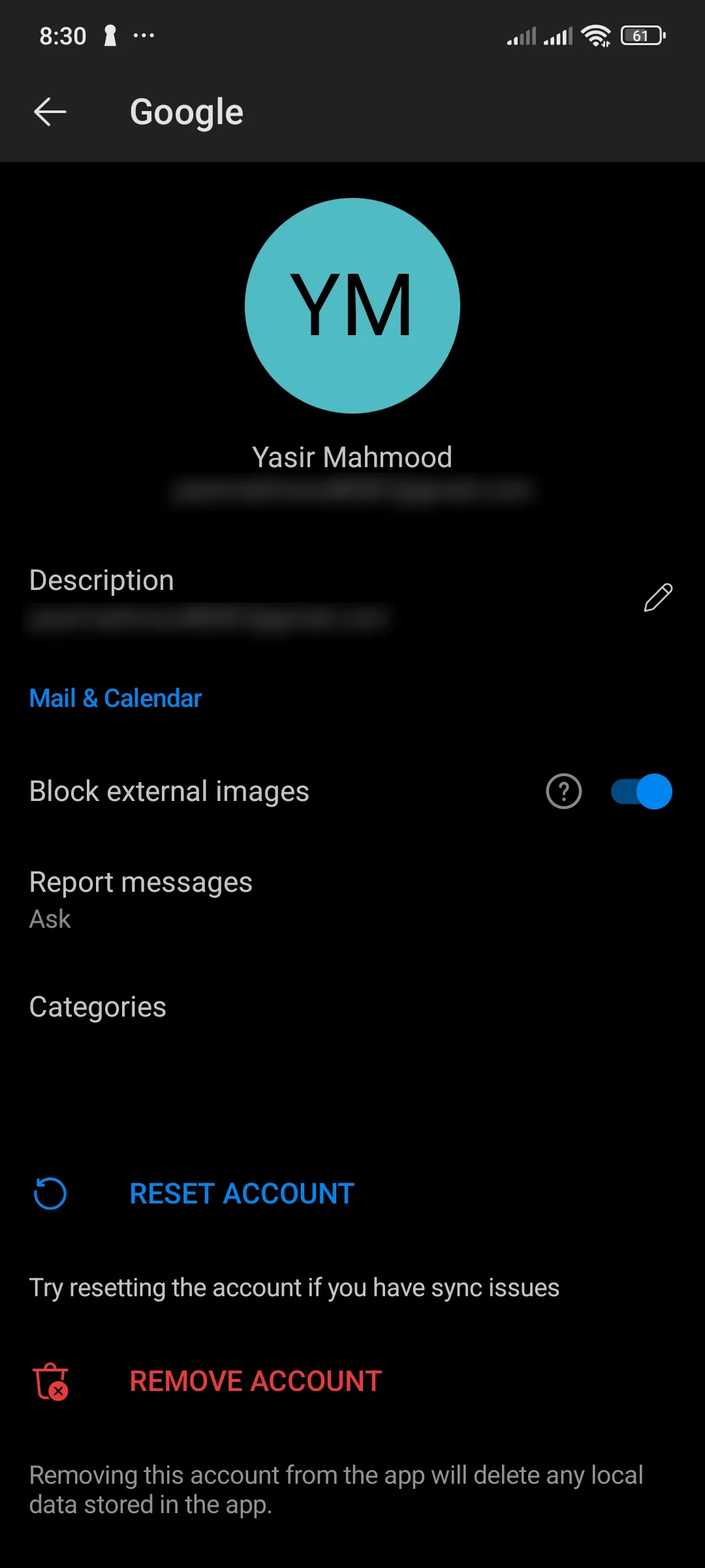 Cài đặt tài khoản Outlook trên ứng dụng Android với tùy chọn chặn hình ảnh bên ngoài đã tắt.
