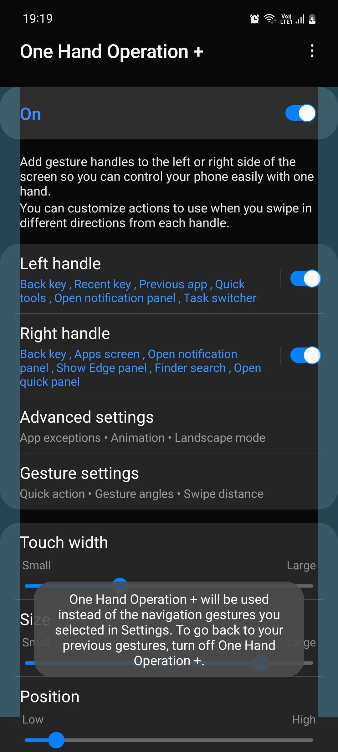 Cài đặt tay cầm cử chỉ trong One Hand Operation+ của Samsung Good Lock