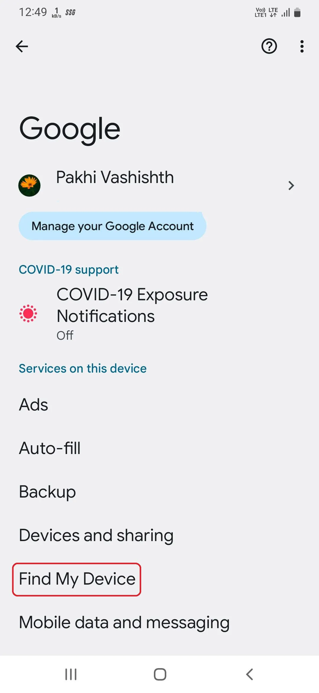Cài đặt Tìm thiết bị của tôi (Find My Device) trong menu Google trên điện thoại Samsung
