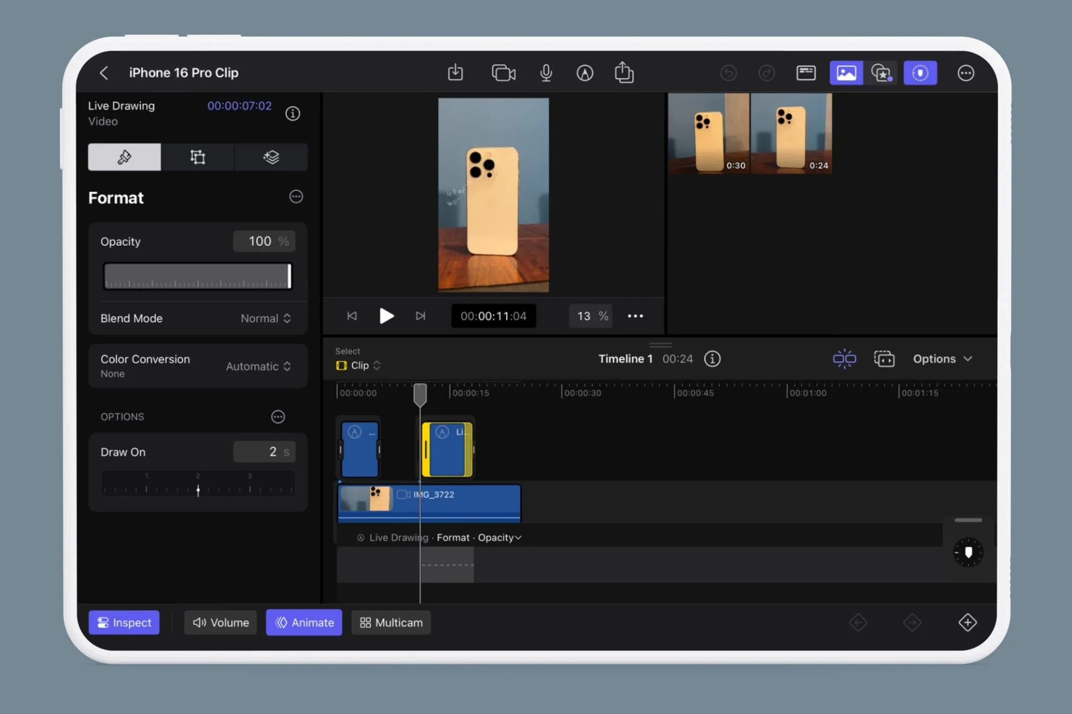 Cài đặt tùy chỉnh Opacity, Blend Mode và Draw On trong menu Kiểm tra của tính năng Live Drawing Final Cut Pro iPad.