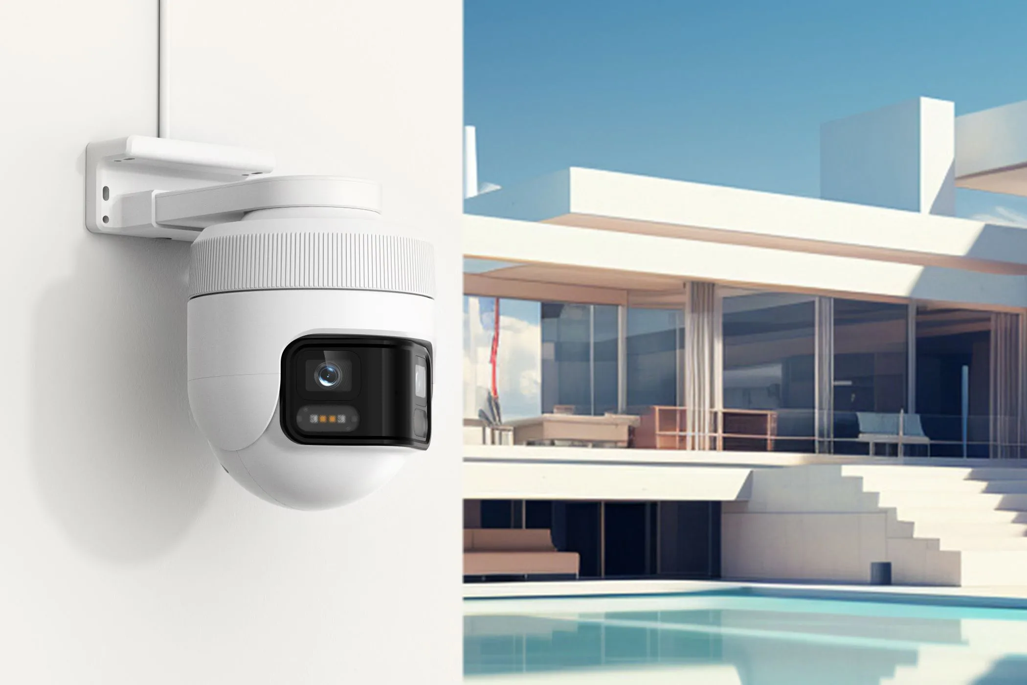 Camera IMILAB EC6 Panorama lắp đặt ngoài trời với ngôi nhà ở hậu cảnh, minh họa tính năng phát hiện thông minh AI