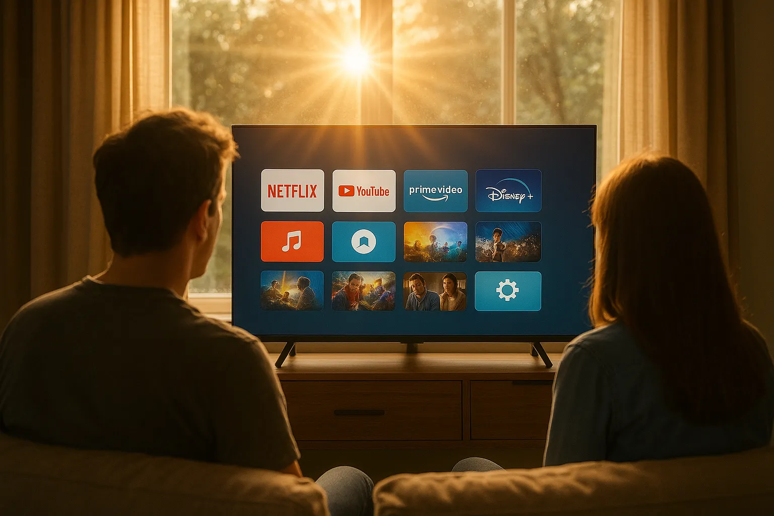 Cảnh một cặp đôi xem TV thông minh bị ánh nắng mặt trời trực tiếp từ cửa sổ chiếu vào gây chói và phản chiếu