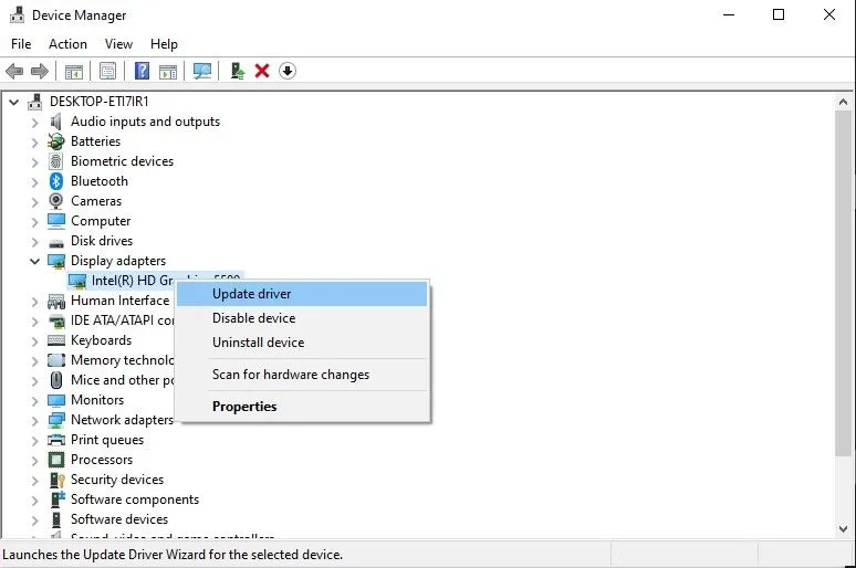 Cập nhật driver card đồ họa để sửa lỗi Memory Management