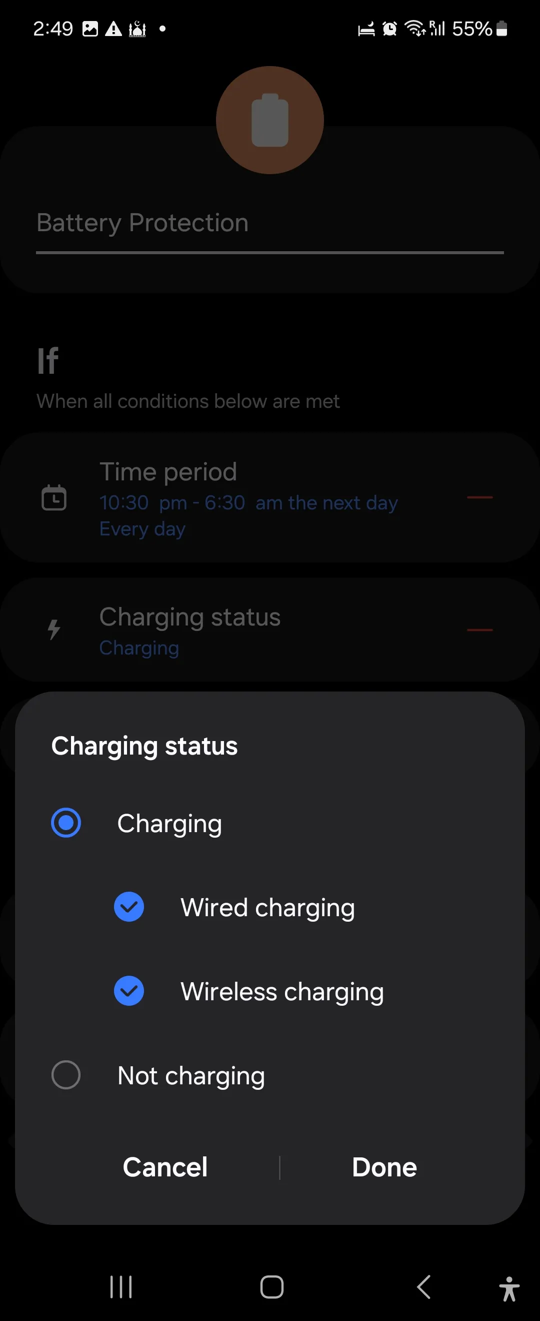 Cấu hình routine bảo vệ tuổi thọ pin trong ứng dụng Chế độ và Quy trình của Samsung