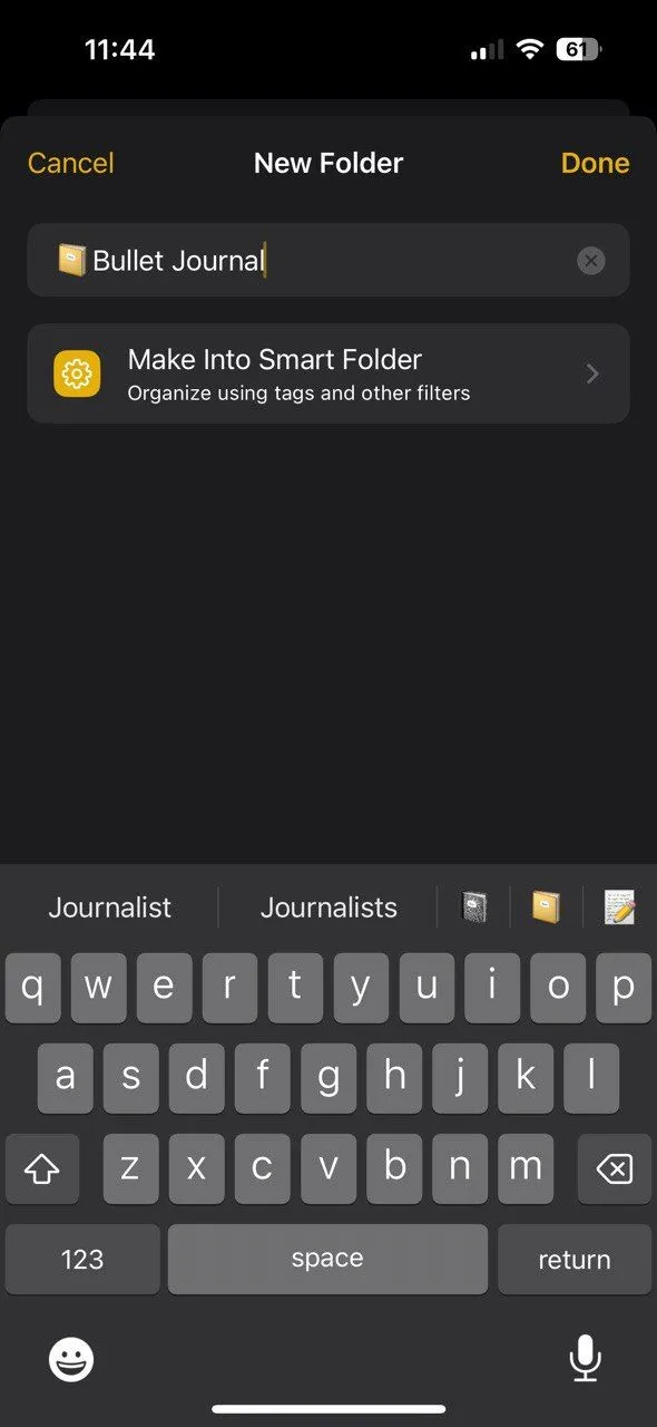 Cấu trúc thư mục &quot;Bullet Journal&quot; trong ứng dụng Apple Notes trên iPhone, giúp sắp xếp các ghi chú theo ngày hoặc dự án.