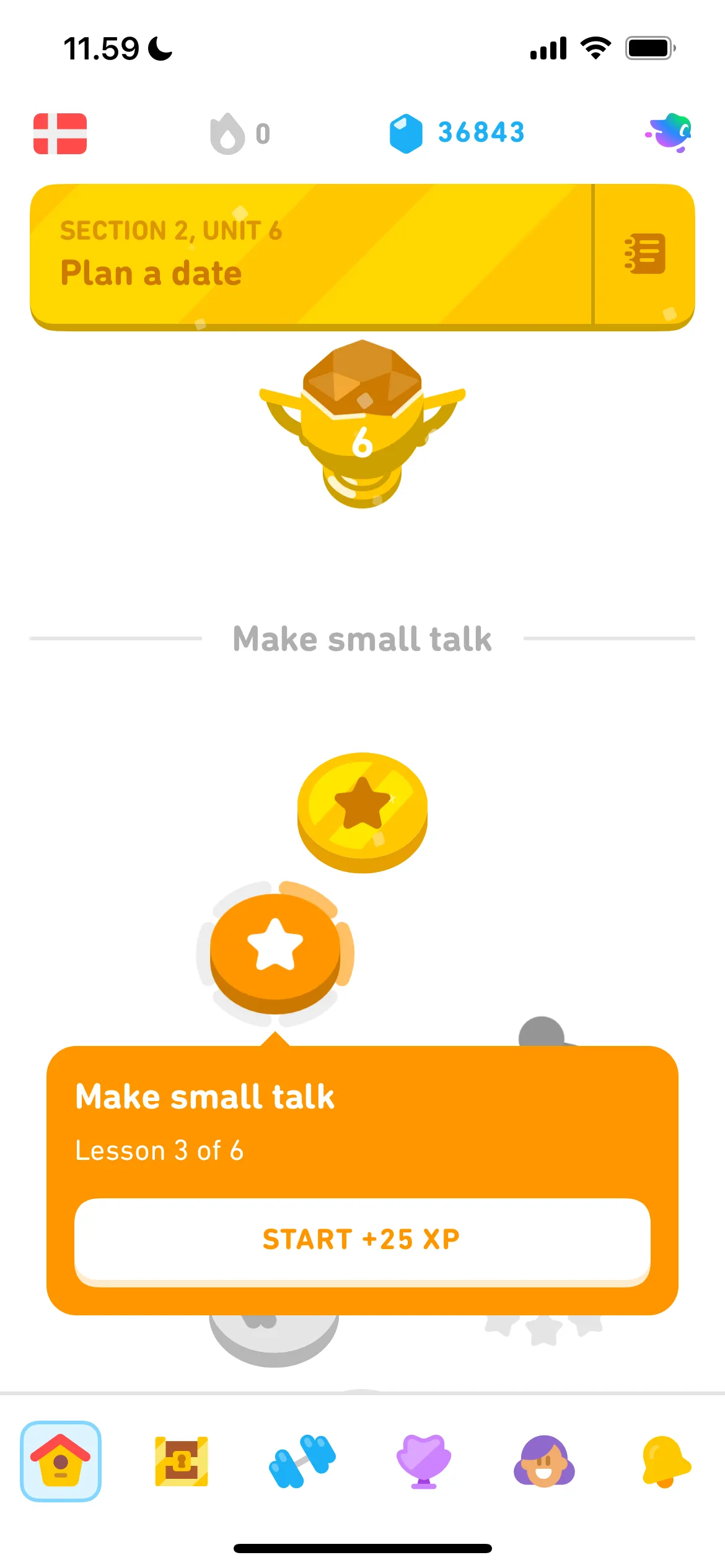 Cây bài học theo chủ đề trong ứng dụng Duolingo, hiển thị tiến độ học tập
