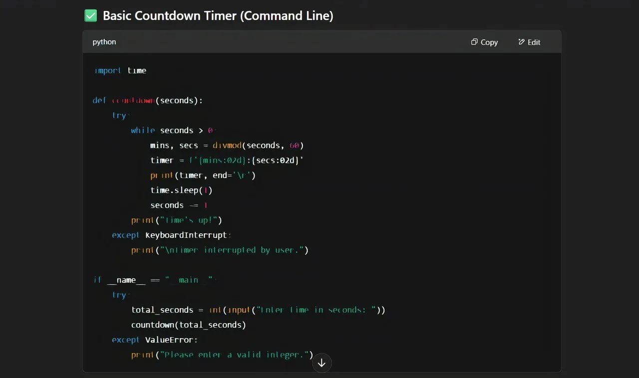 ChatGPT hiển thị đoạn mã Python được tạo tự động