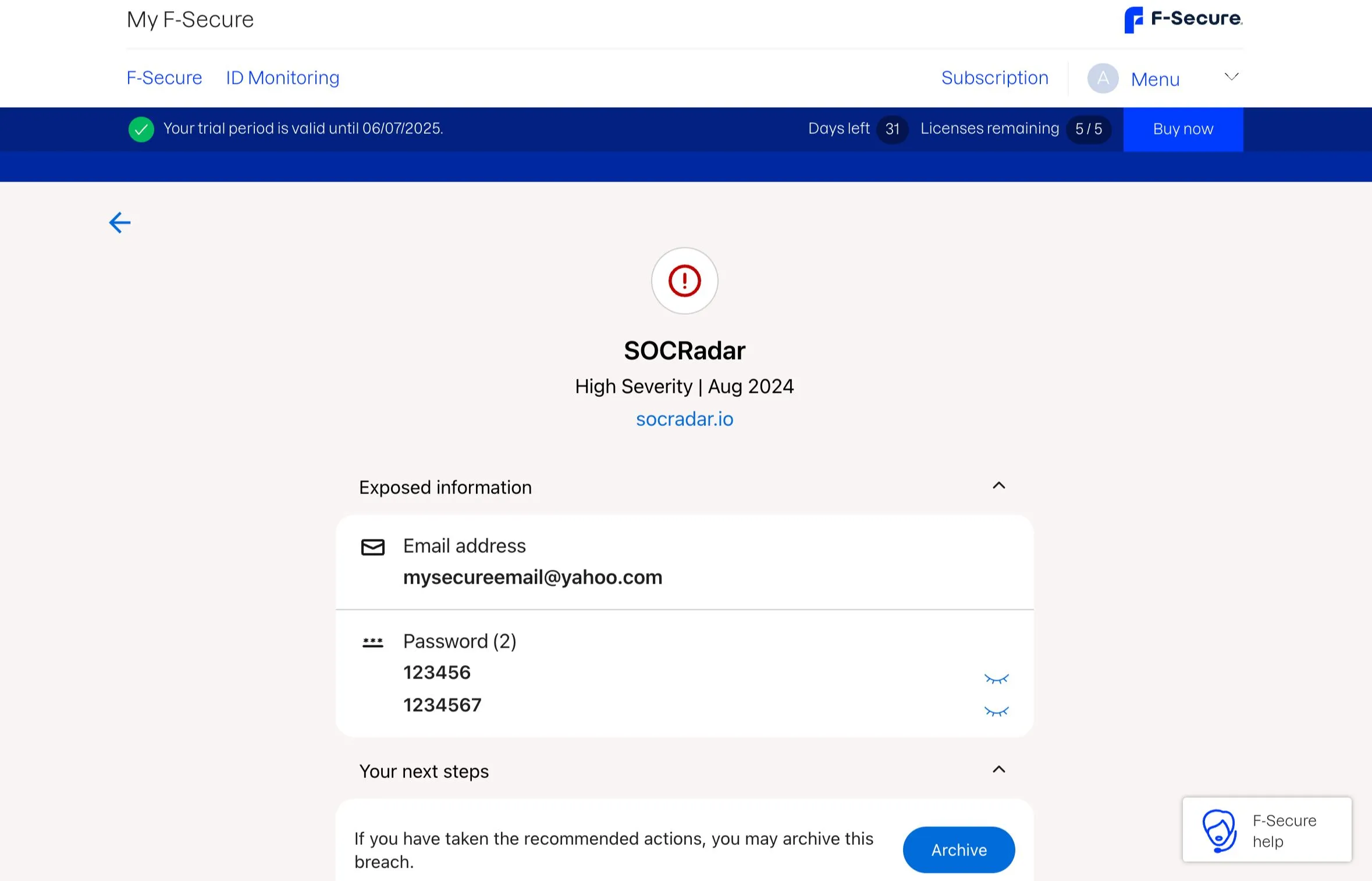 Chi tiết một vụ rò rỉ dữ liệu trong F-Secure ID Protection, bao gồm thông tin bị lộ, mức độ nghiêm trọng và thời gian phát hiện.