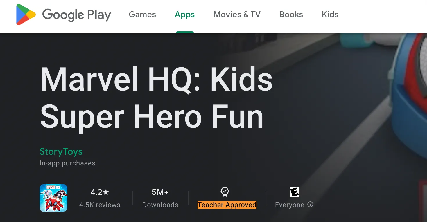 Chi tiết ứng dụng Marvel HQ được phê duyệt bởi giáo viên trên Google Play Store dành cho đồng hồ thông minh trẻ em.