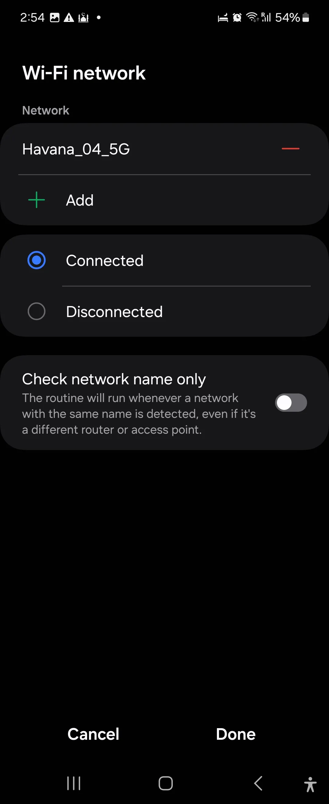 Chọn mạng Wi-Fi làm điều kiện kích hoạt routine trong ứng dụng Chế độ và Quy trình