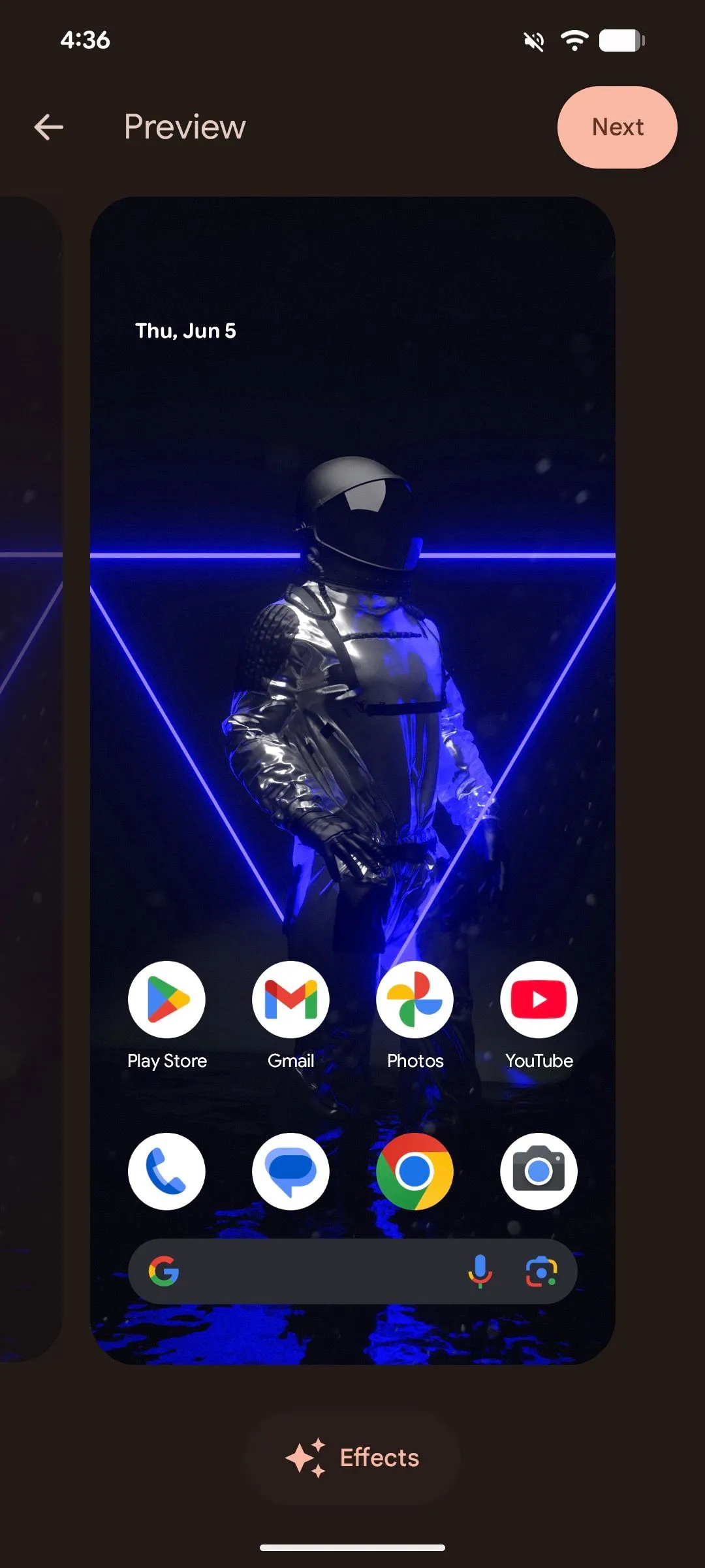 Chọn tùy chọn 'Hiệu ứng' trên màn hình xem trước hình nền trong Android 16.