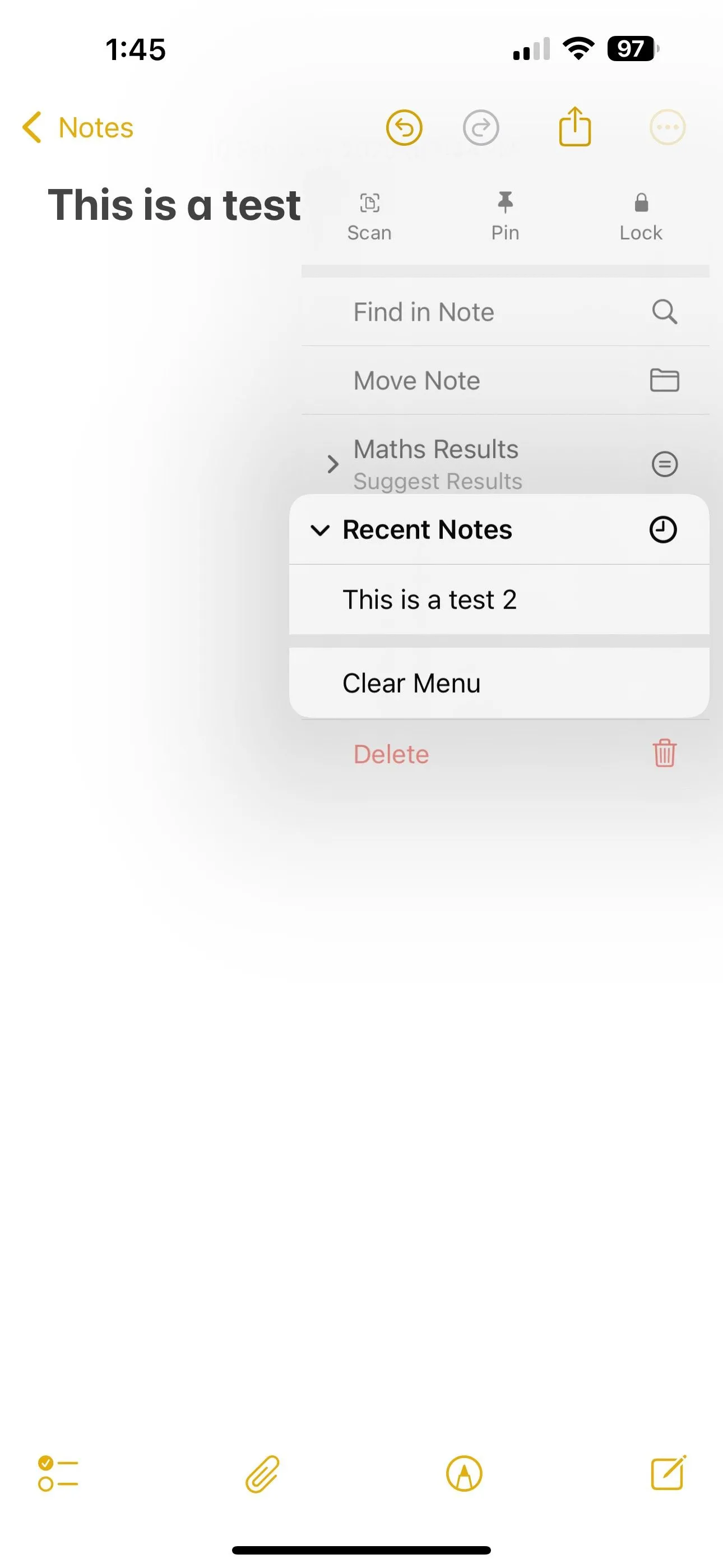 Chọn Xóa Menu để xóa lịch sử Ghi chú Gần đây trên iPhone