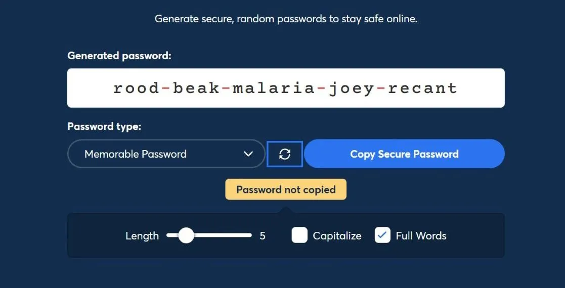 Công cụ tạo cụm mật khẩu (passphrase) ngẫu nhiên của 1Password, gợi ý các từ khó đoán nhưng dễ nhớ